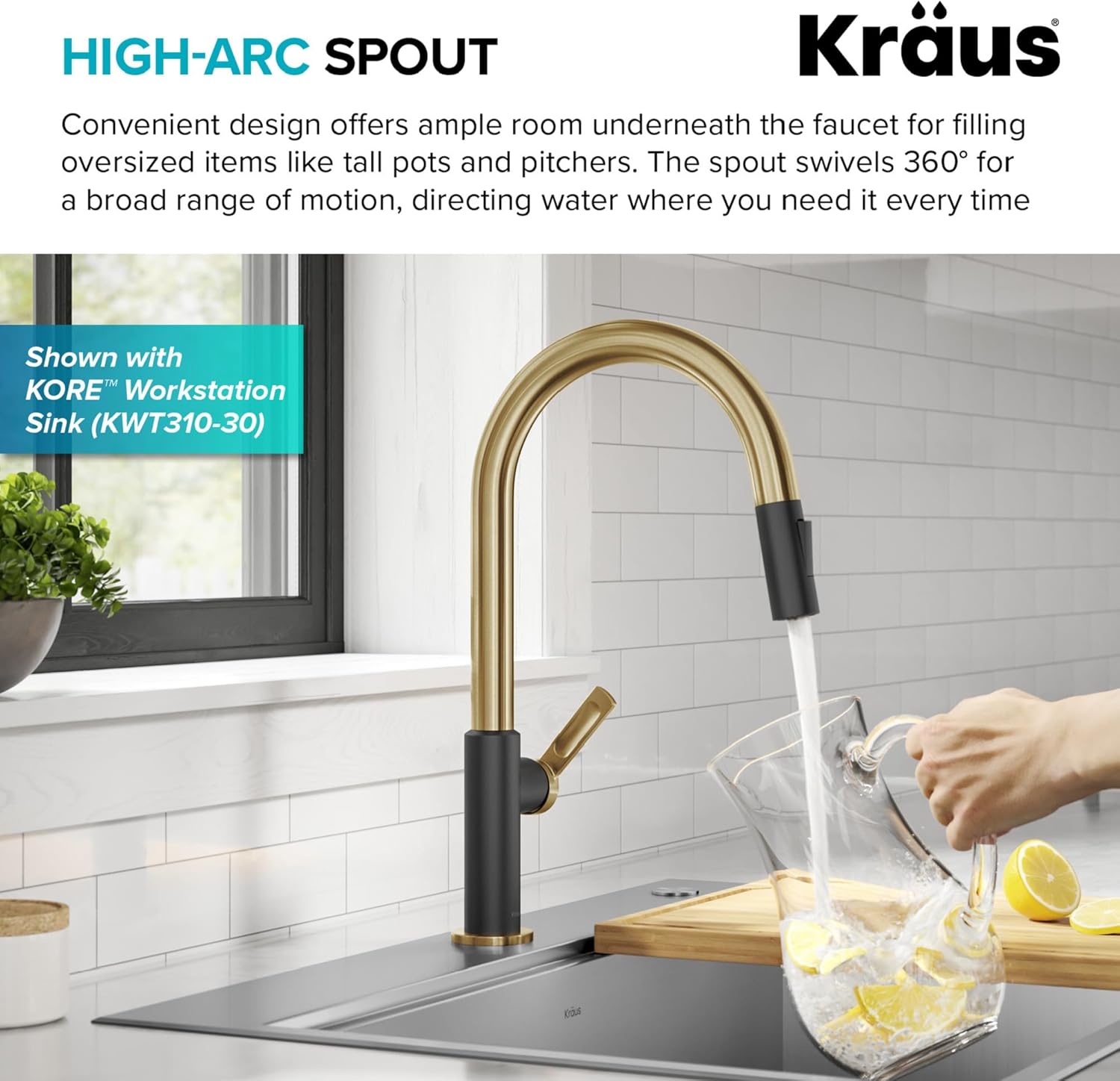 KRAUS Oletto KPF-2820BBMB – Grifo de cocina desplegable de un solo mango en latón cepillado  negro mate, KPF-2820BBMB