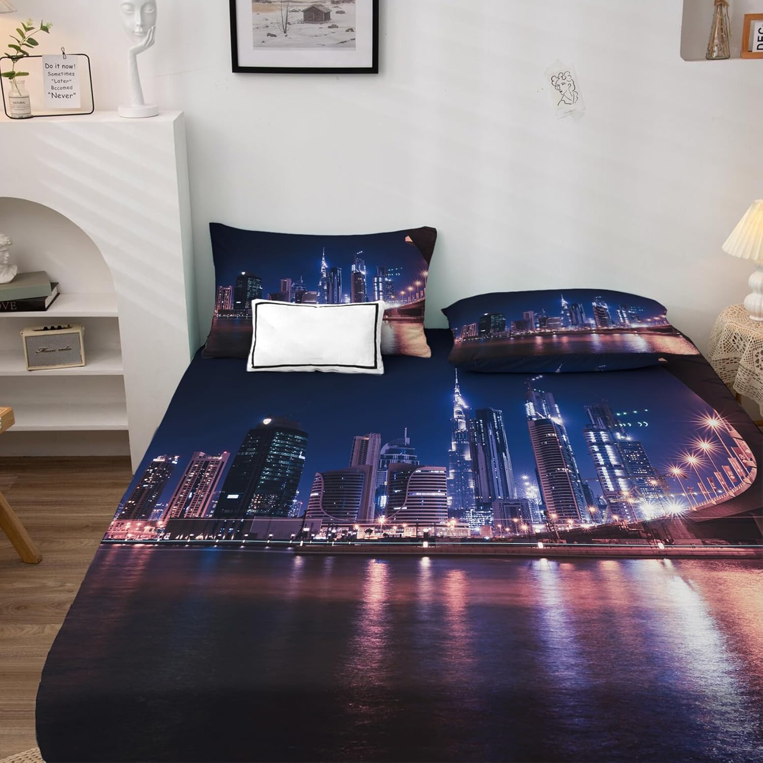 Juego de sábanas de 5 piezas con estampado de paisaje urbano oceánico, tamaño King dividido, sábanas y fundas de almohada, microfibra suave con