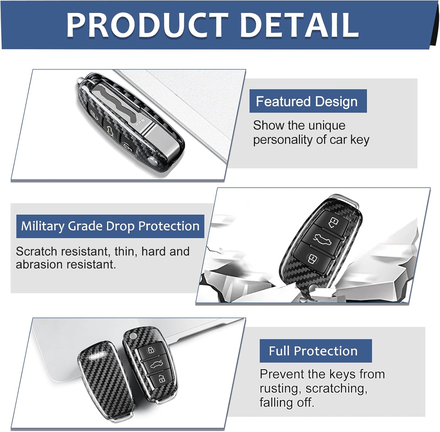 T-carbon – Funda de fibra de carbono real para llavero con cordón, funda protectora para llave T-carbon para Audi A1 A3 A4 A6 A8 Quattro Q2 Q7 R8