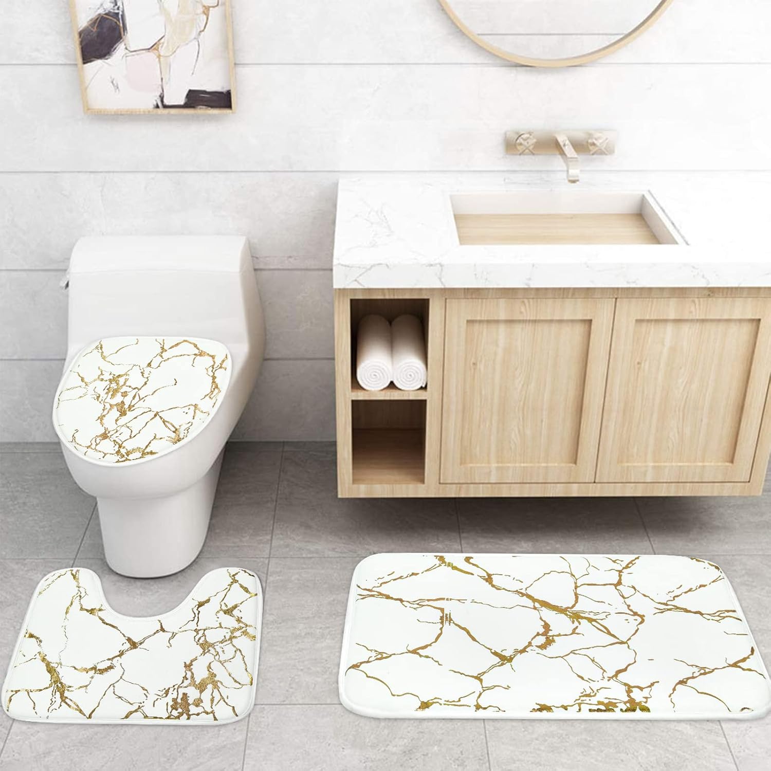 Alishomtll Juego de alfombras de baño de mármol de 3 piezas con alfombra antideslizante, cubierta para tapa de inodoro y tapete de baño, juego de