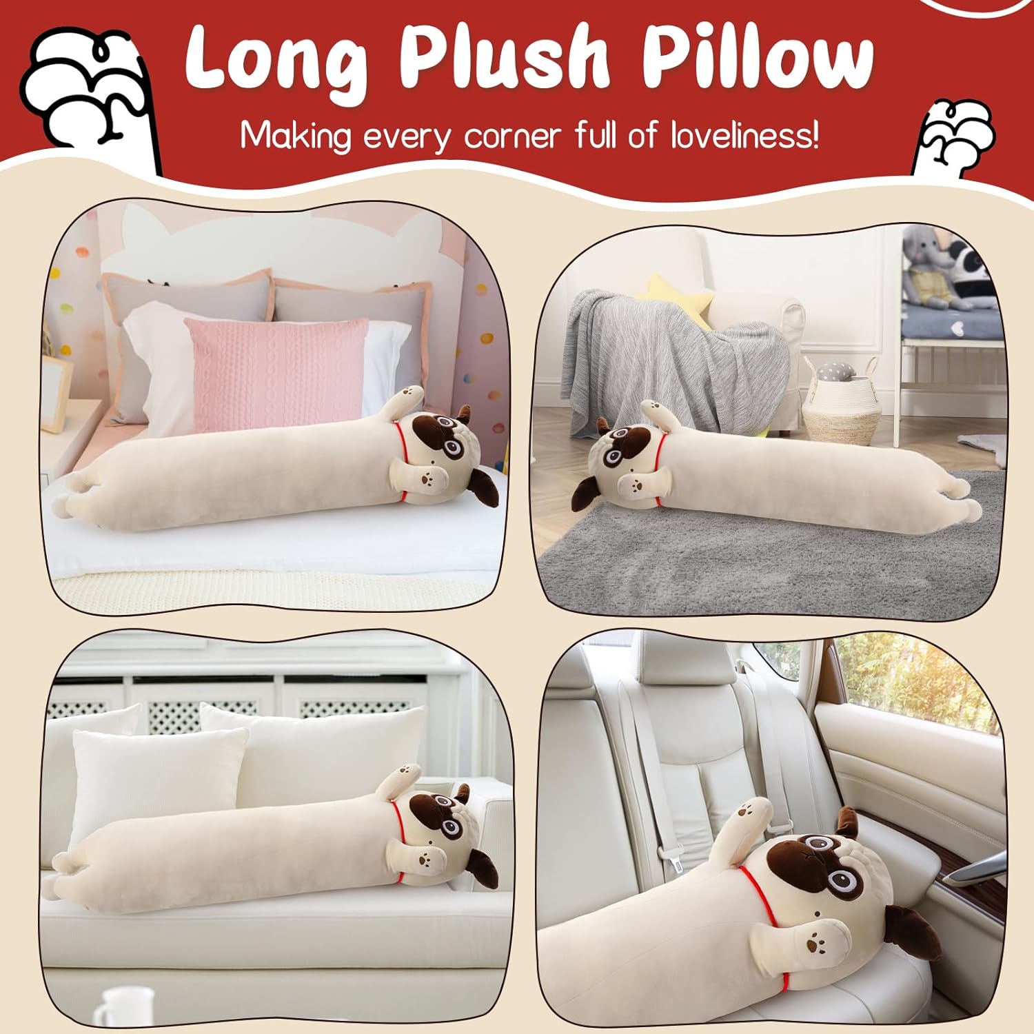 Karister Peluche de perro carlino gigante para niños de 43 pulgadas de largo, almohada corporal de felpa para cachorro, lindo regalo para amantes de