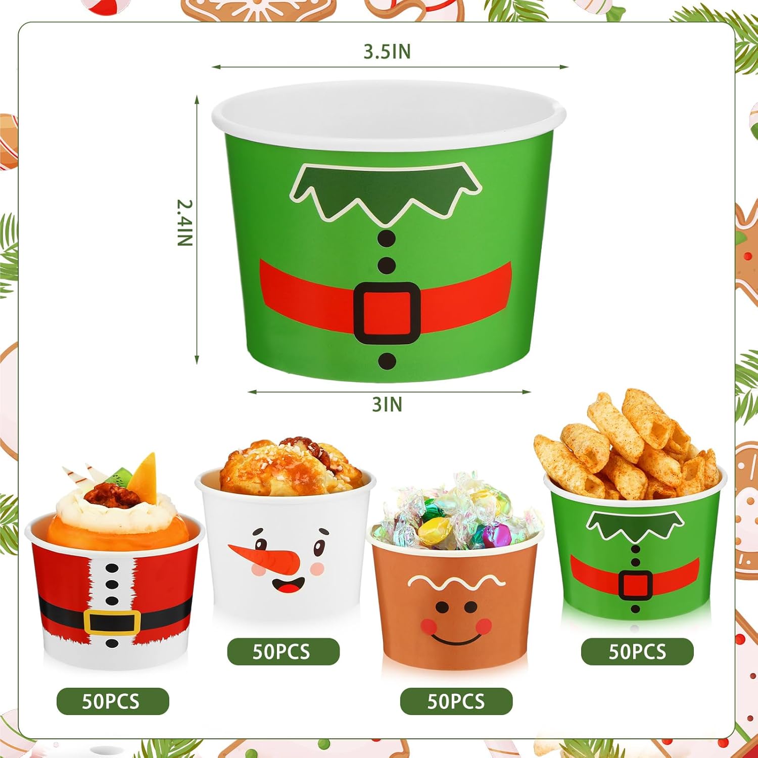 200 cuencos desechables de Navidad de 9 onzas, tazas de aperitivos de Navidad, cuencos de papel para helado, muñecos de nieve navideños, cuencos de