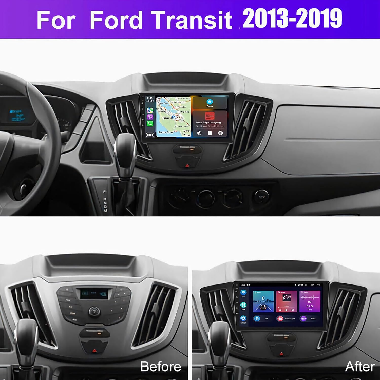 Android 13.0 Doble DIN reproductor de radio estéreo para coche para Ford Transit 2013-2019 9 pulgadas HD pantalla táctil receptor de audio para