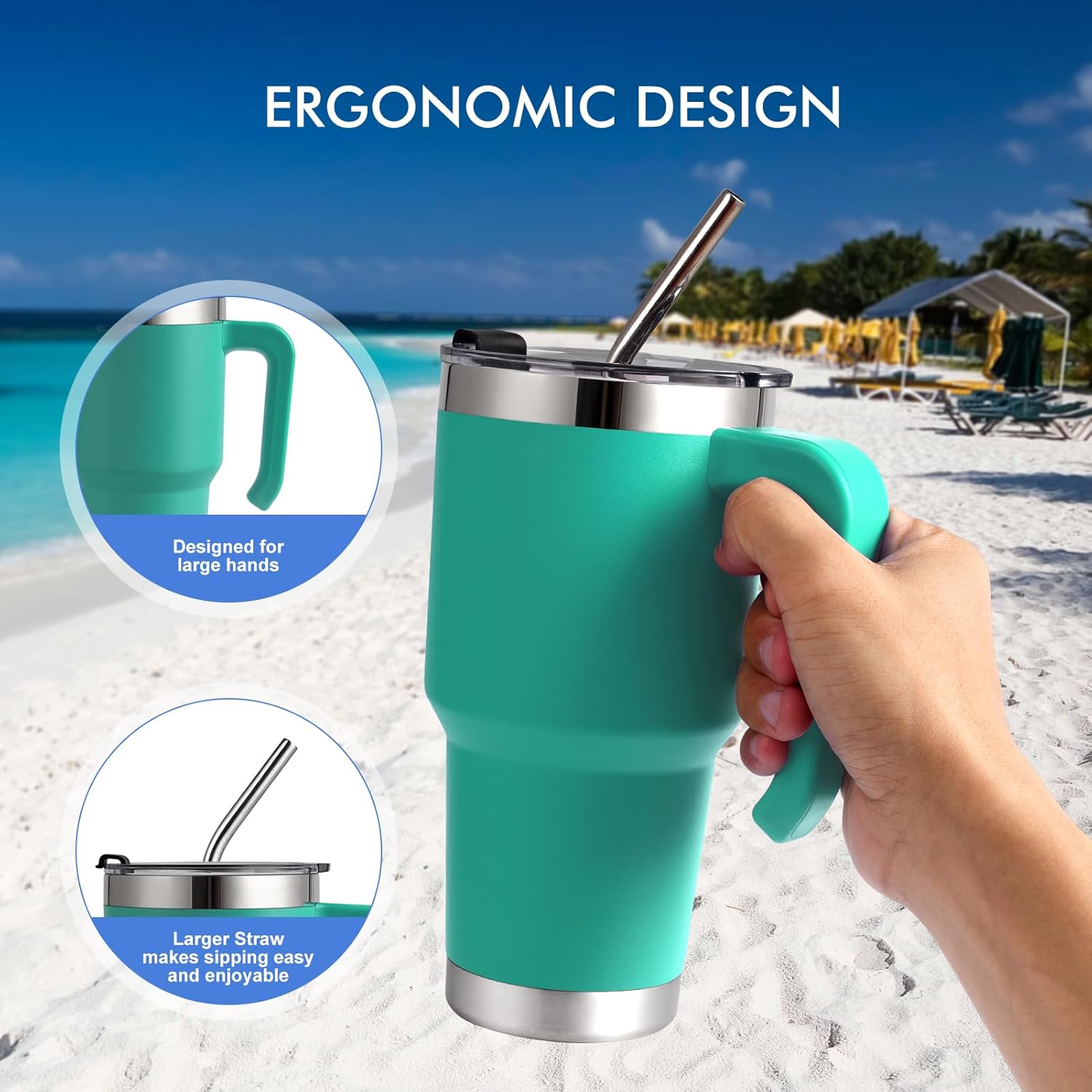 Vaso de 30 onzas con asa y pajilla, taza de viaje con tapa a prueba de fugas, taza de acero inoxidable aislada al vacío con popote y cepillos, todos