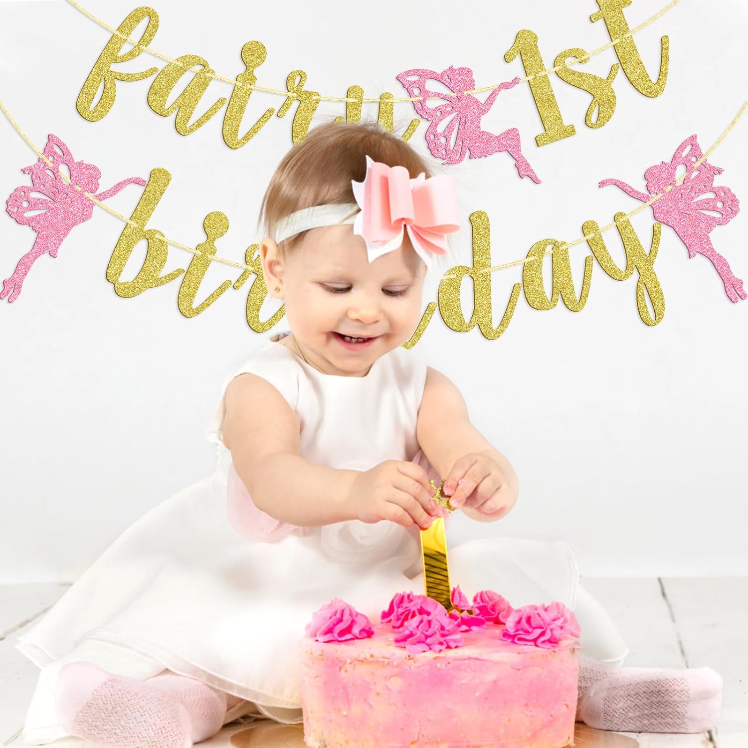 Cartel de primer cumpleaños de hada, decoración de fiesta de primer cumpleaños de hada, pancarta de primer cumpleaños para niña, decoraciones de
