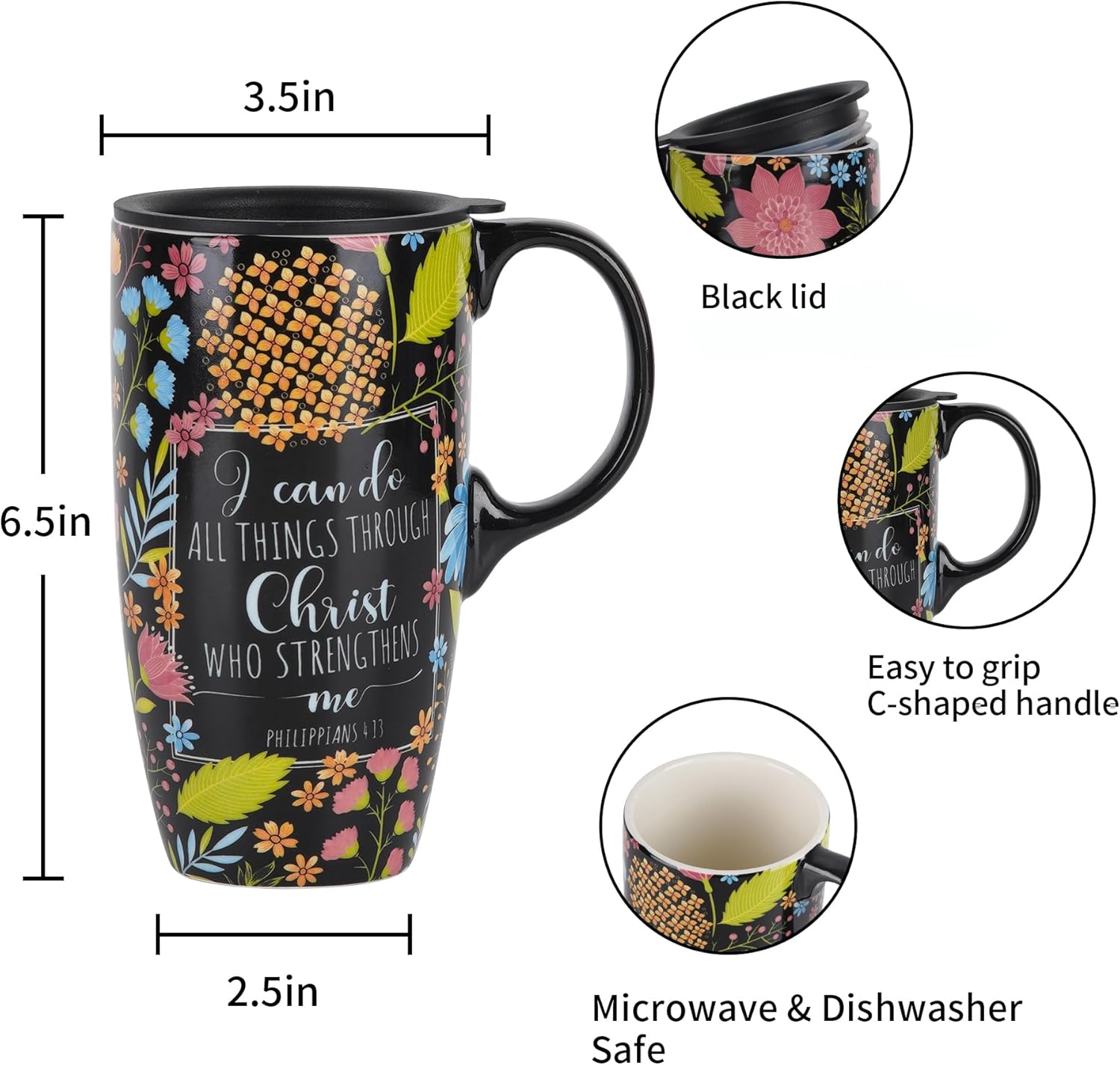 DUSVALLY Taza de cerámica para café, taza de café de viaje, taza de té con leche de porcelana con tapa y caja de color de 17 onzas. Taza alta