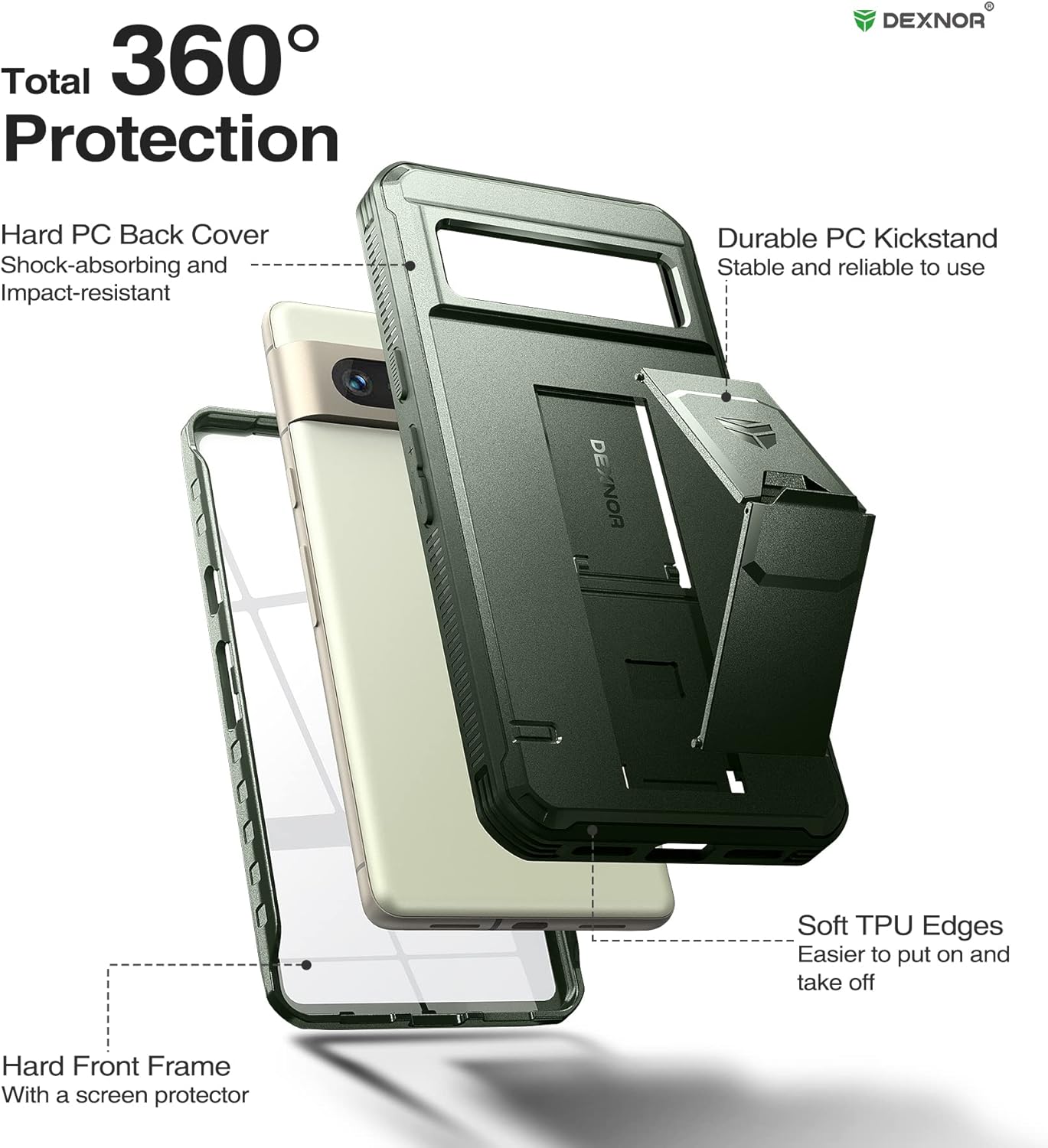 Dexnor Funda de cuerpo completo para Google Pixel 7, protector de pantalla y soporte integrados resistente protección de grado militar a prueba de