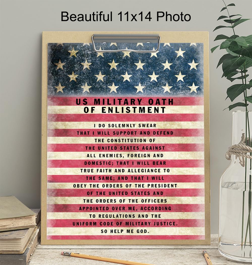 Patriotic American Flag Art 11×14 – Military Oath of Enlistment – Gift for Soldiers, Veteran, Armed forces, Marines, Navy, Coast Guard – Patriotic