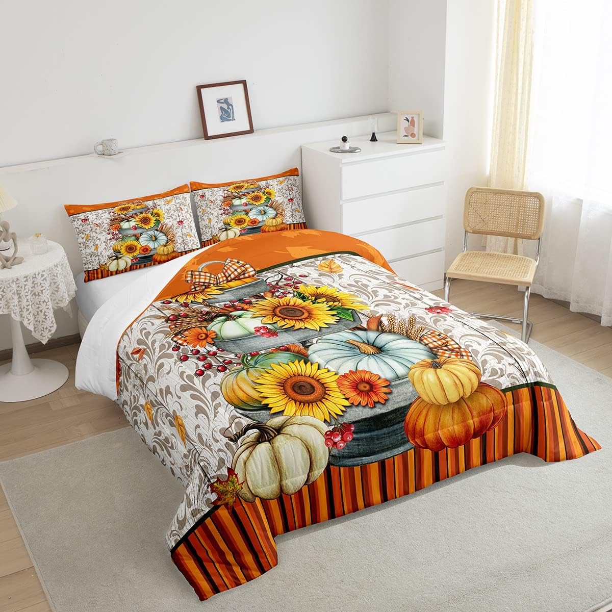 Juego de edredón de calabazas de otoño, tamaño Queen, girasoles y hojas de arce, juego de ropa de cama para el día de Acción de Gracias, decoración