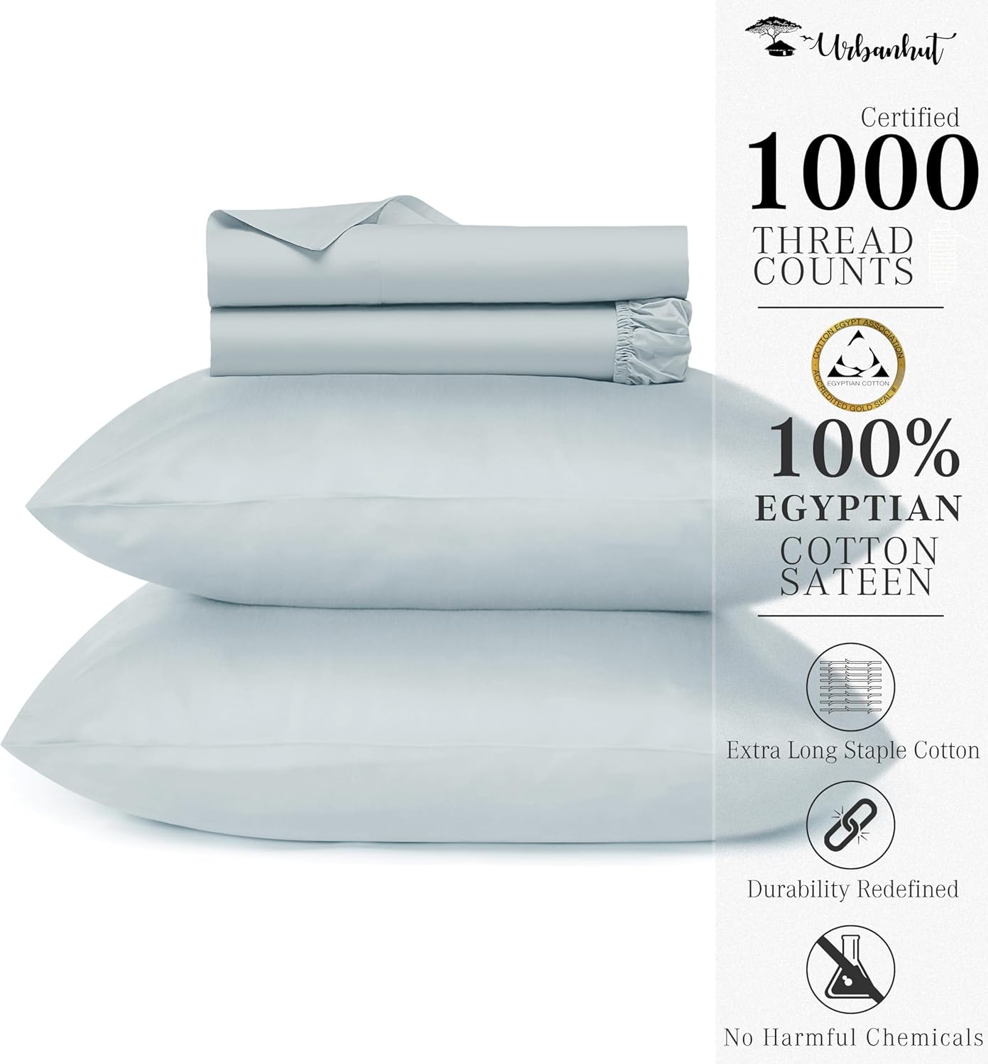 URBANHUT Sábanas 100% de algodón egipcio, juego de sábanas de 1000 hilos tamaño Queen (4 unidades), sábanas de hotel de lujo para cama tamaño Queen,