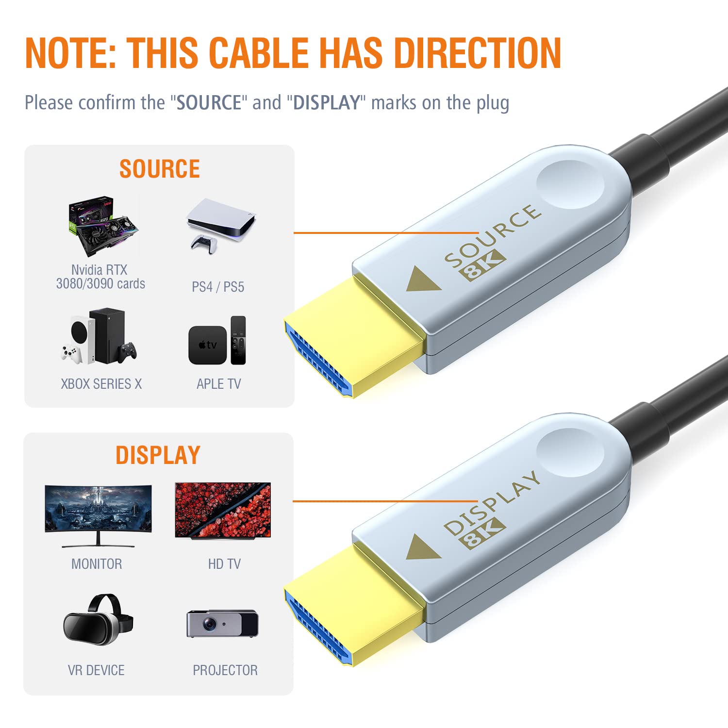 8K HDMI 2.1 Cable de fibra óptica 100 pies en pared de alta velocidad 48Gbps cable HDMI 8K60Hz 4K120Hz delgado delgado flexible