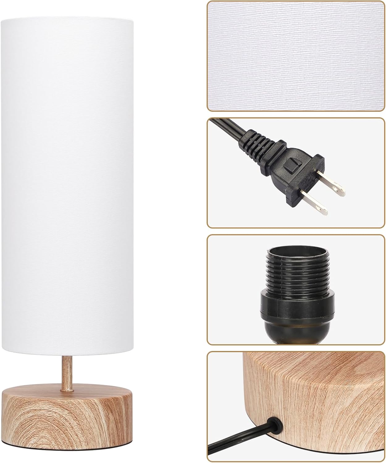 Lámpara de mesa de noche, lámpara de mesa de control táctil de 3 vías con base de grano de madera, lámpara de mesita de noche regulable con pantalla