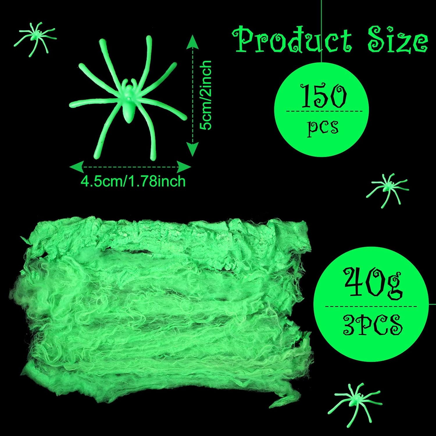Telaraña que brilla en la oscuridad de 8.47 oz y 150 piezas de telaraña falsa que brilla para Halloween, telarañas elásticas para decoración de