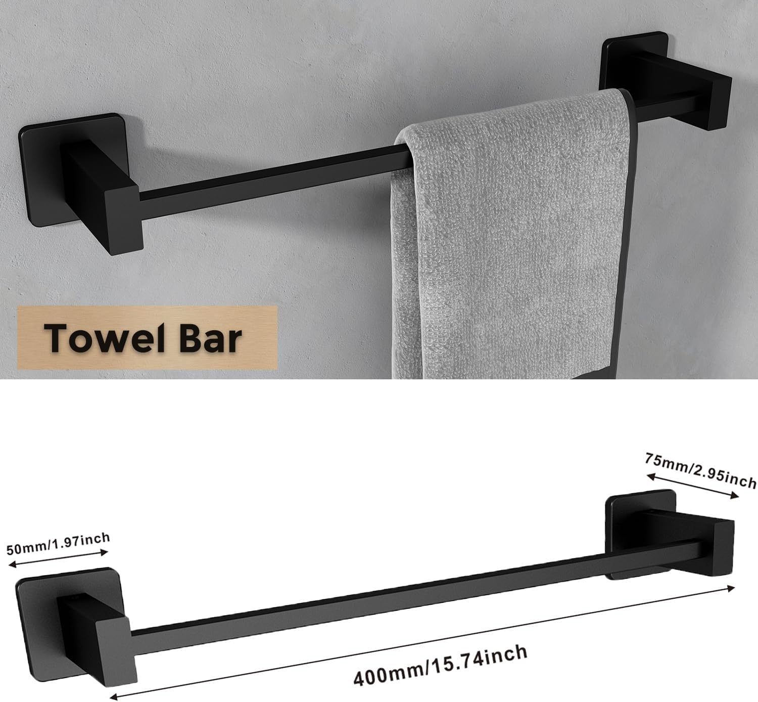 Toalleros para baño, juego de 4 piezas de accesorios de baño negro mate SUS304 de acero inoxidable montado en la pared, incluye toallero individual
