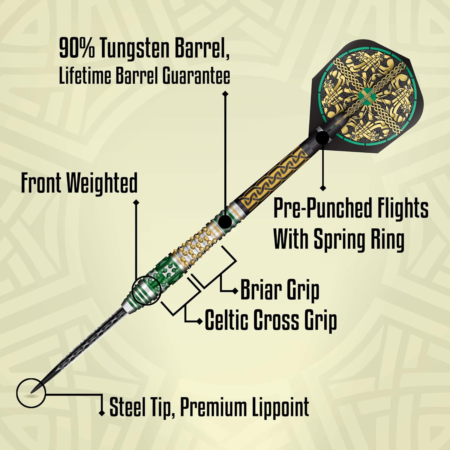 Shot! Celt Cernunnos – Juego de dardos de punta de acero 90% tungsteno profesional, fabricado en Nueva Zelanda – Vuelos de dardos diseñados para