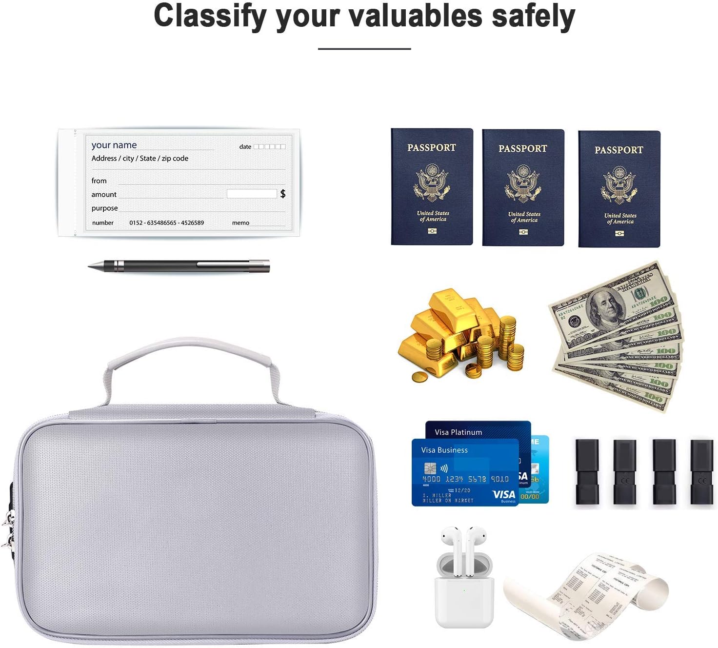 ENGPOW Pequeña funda organizadora de almacenamiento ignífuga con cerradura (9.4 x 5.9 x 3.2 pulgadas), 3 capas seguras para dinero, tarjeta,