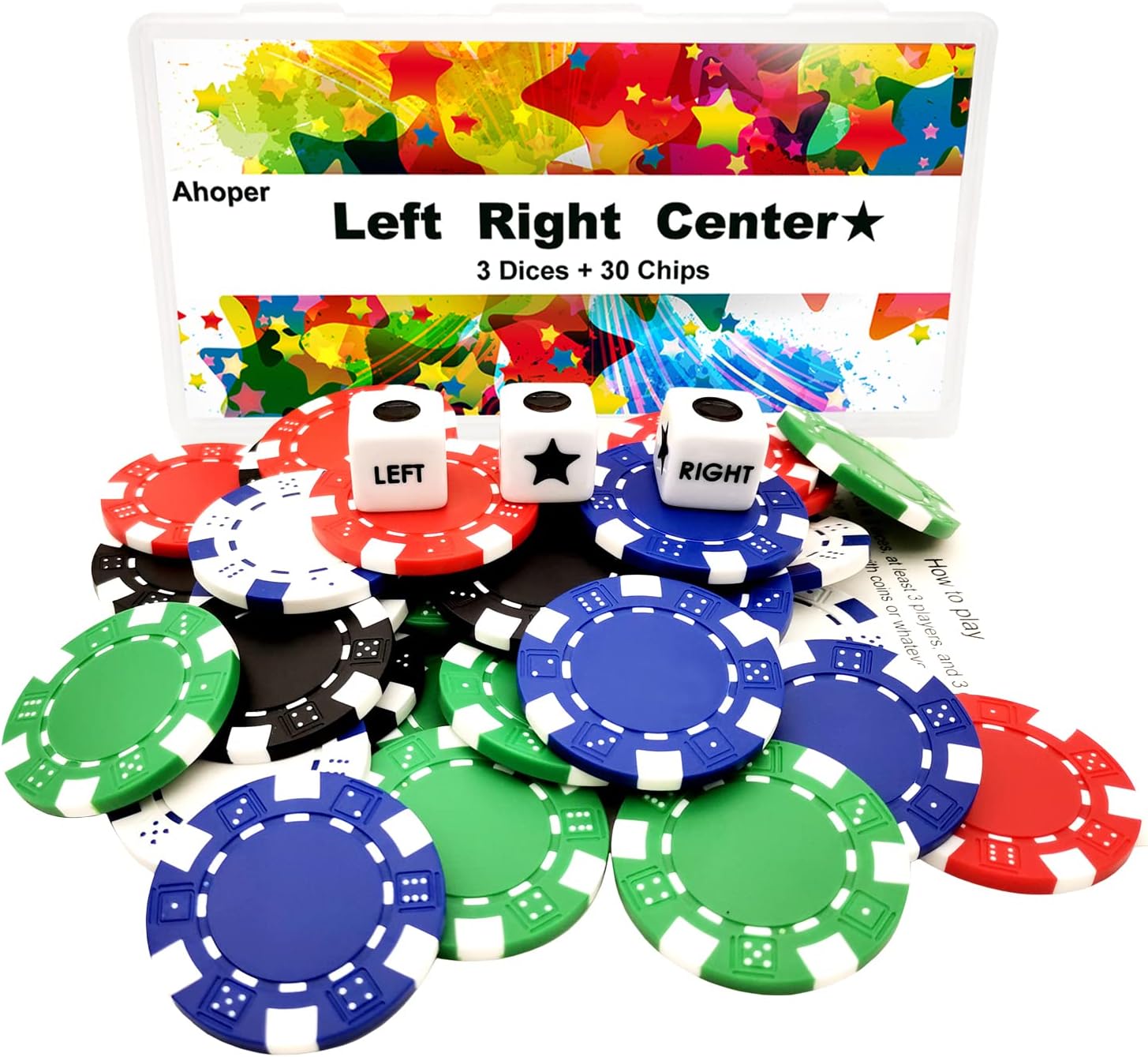 Juego de dados de centro izquierdo y derecho con 3 dados + 30 fichas de póquer profesional, fichas de casino de 0.41 oz (5 colores mezclados)