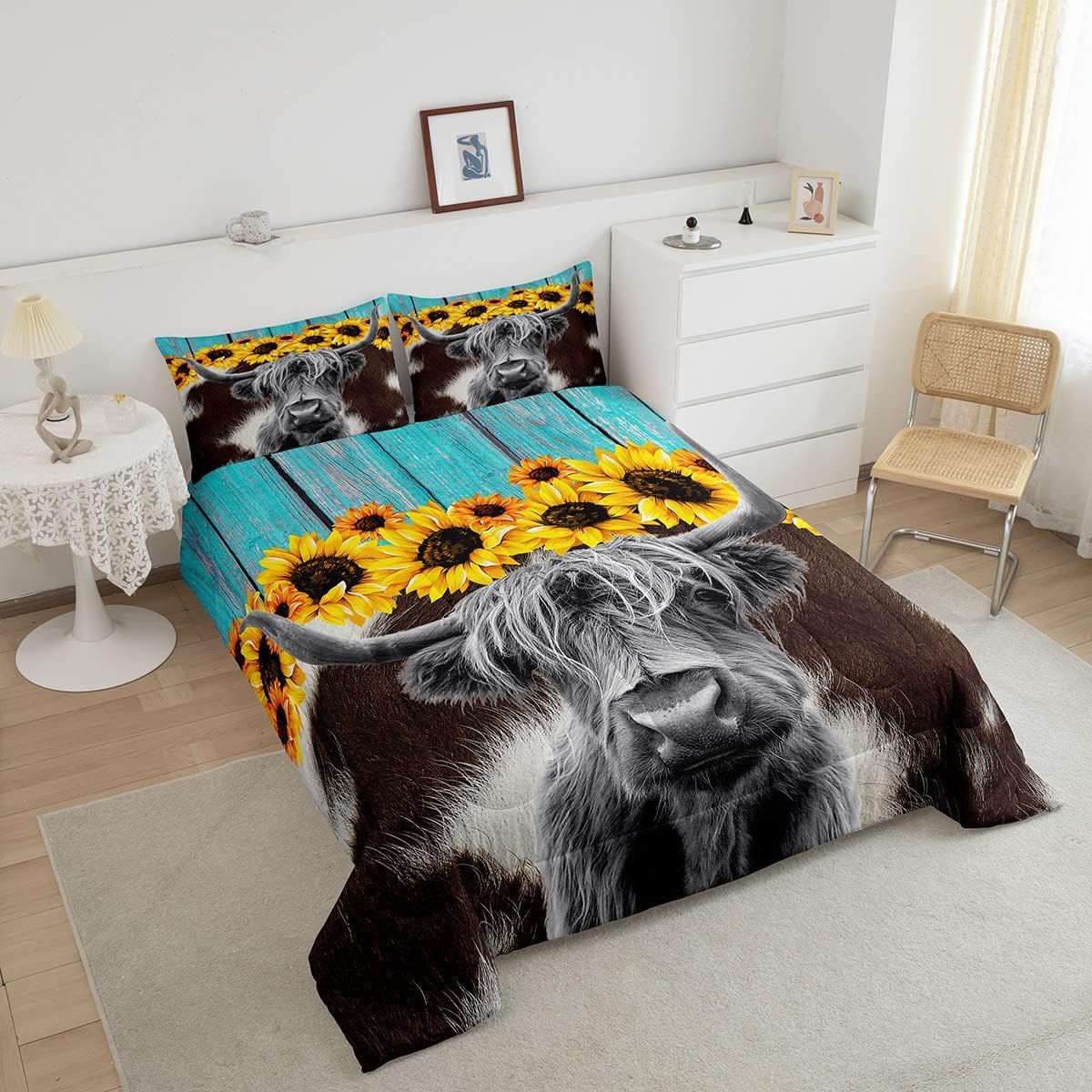 Juego de ropa de cama de vaca de las Highland, edredón con estampado de piel de vaca marrón para niños y niñas, edredón de girasoles en 3D,