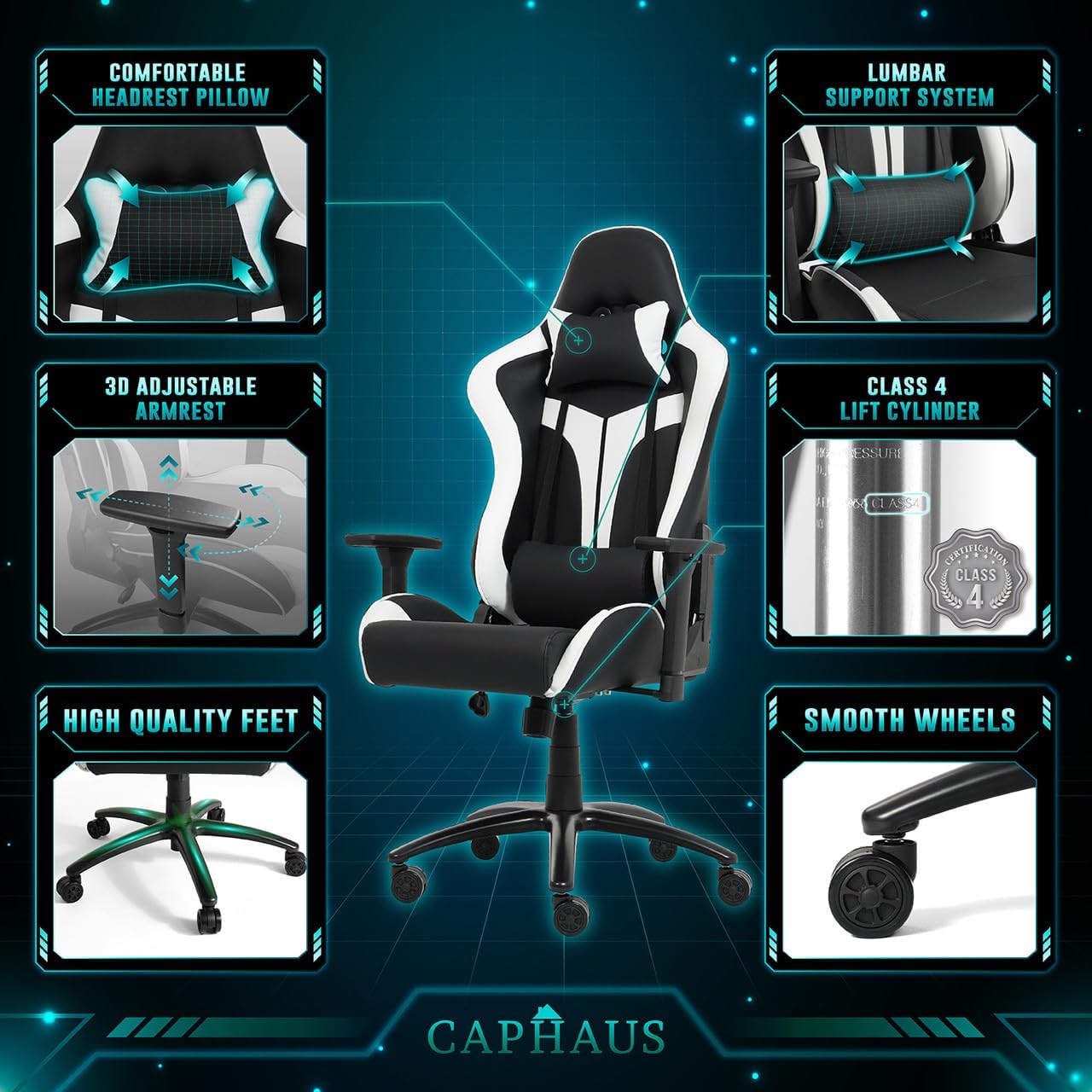 CAPHAUS Silla para juegos de grado comercial, cilindro mejorado y reposabrazos 3D, Silla ergonómica de videojuegos, Silla de oficina de altura