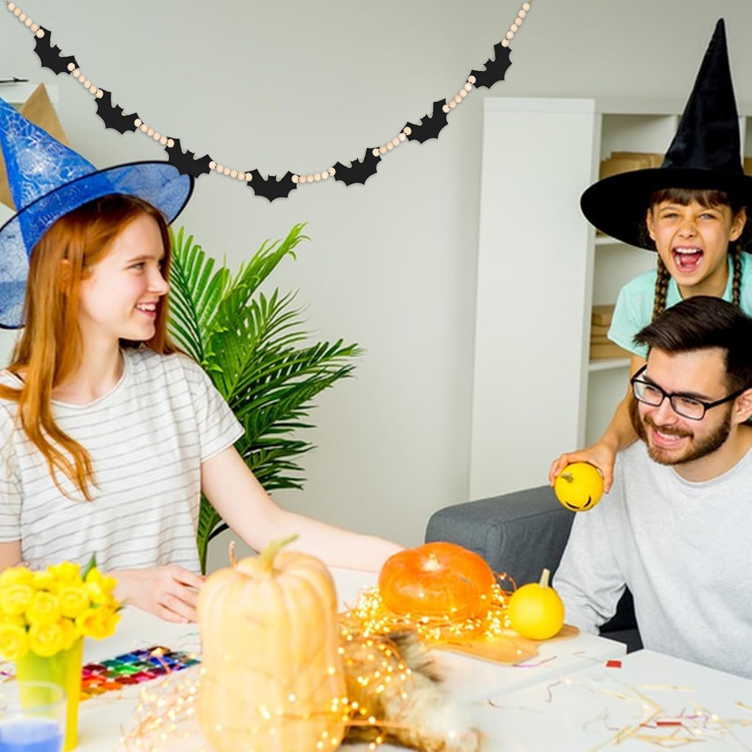 Guirnalda de 2 piezas de Halloween, madera de Halloween, murciélagos de fieltro de Halloween, guirnalda de cuentas para decoración de Halloween,