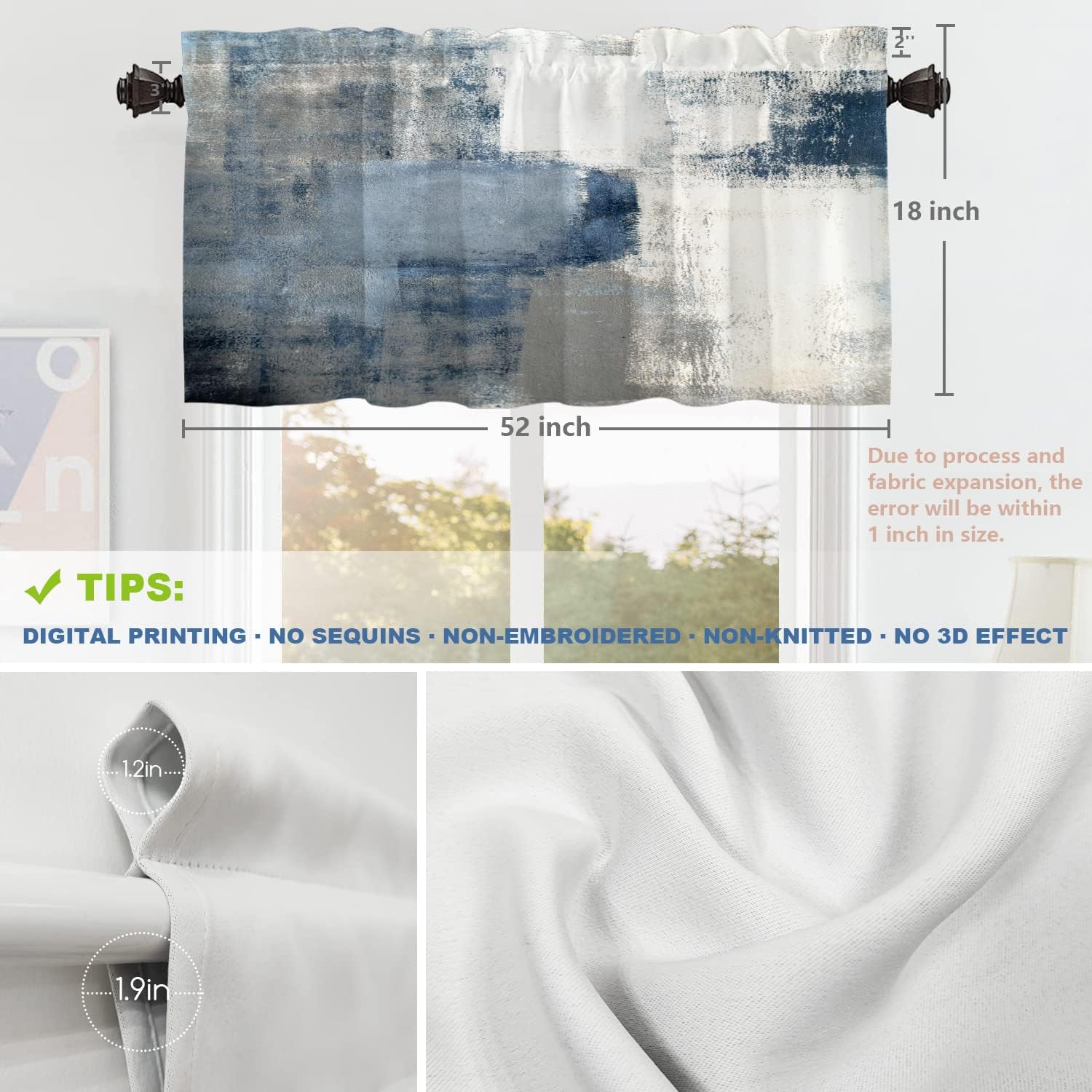 Shrahala Cenefas de cocina con diseño de arte azul y gris, pintura abstracta azul y gris, cortina de media ventana, tratamiento de ventana, opaco de