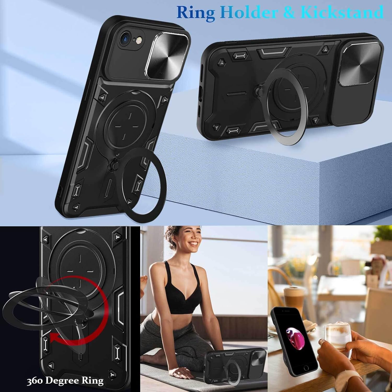 Funda para iPhone SE 2020 2022iPhone 8iPhone 7, soporte de anillo de metal, protector de lente, protección completa, a prueba de golpes, cubierta