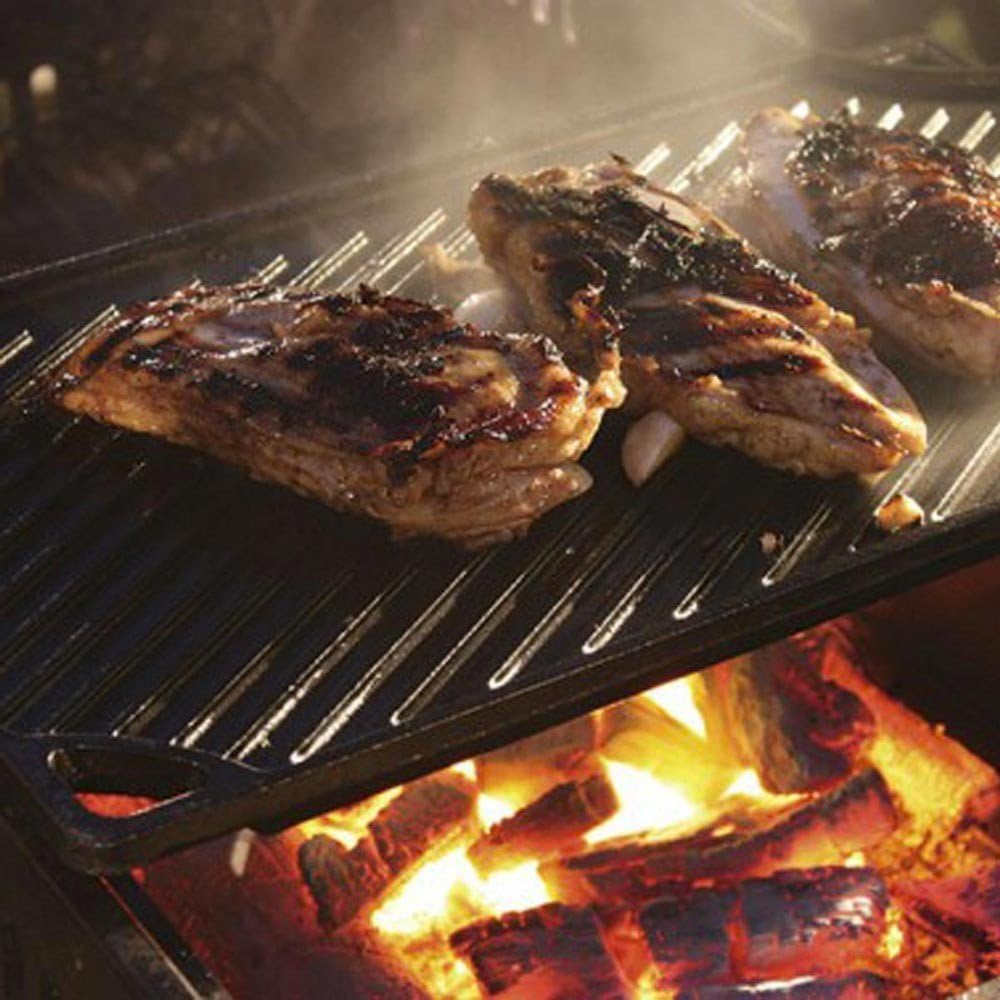 Lodge Parrillaplancha reversible LDP3, 9.5 x 16.75 pulgadas y prensa rectangular de hierro fundido LGP3, pre-sazonada, 6.75 x 4.5 pulgadas