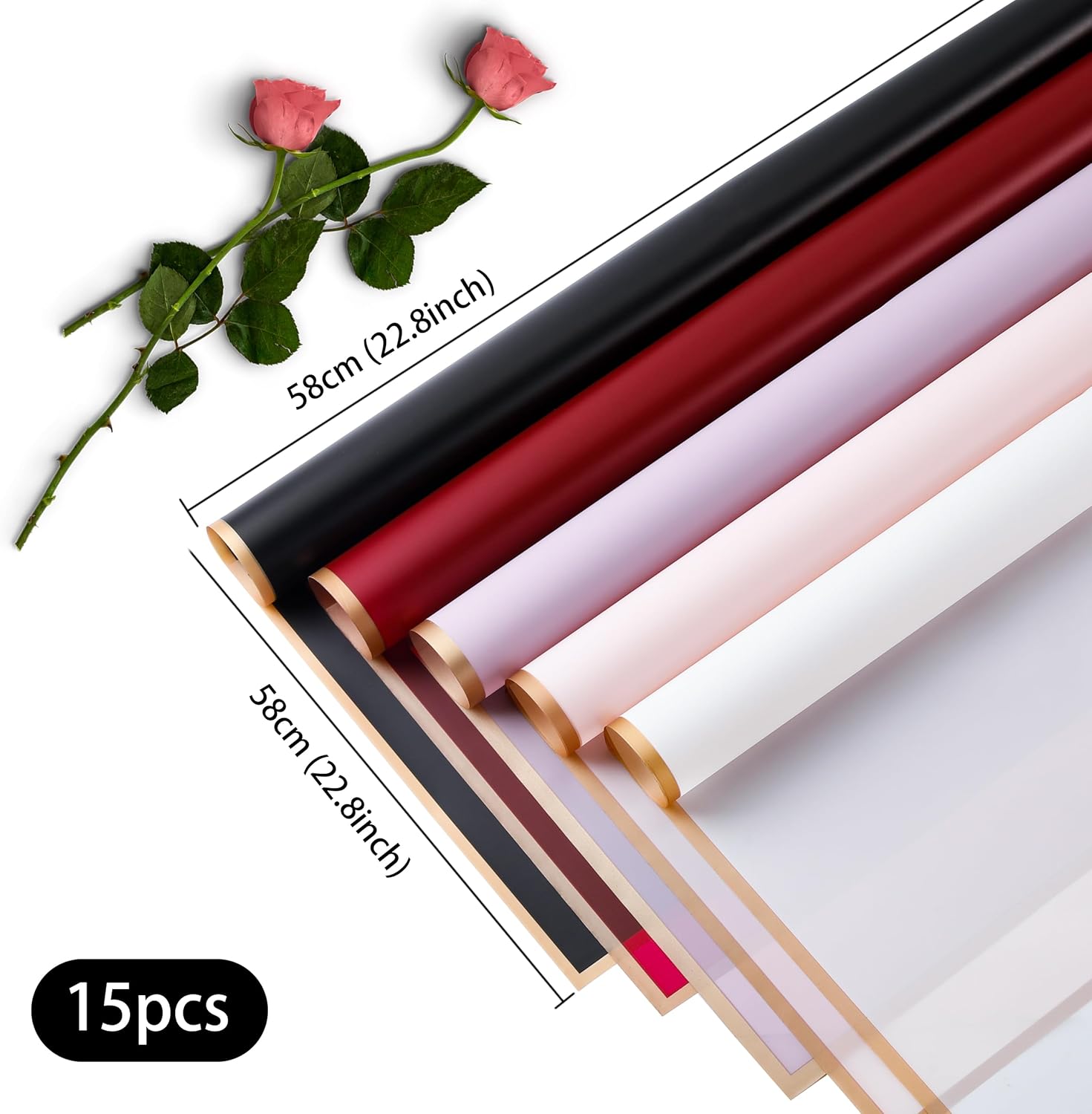 Ramo de papel de regalo de flores rosas con diseño de borde dorado, estilo de papel coreano, papel de regalo de ramo impermeable, papel de regalo,