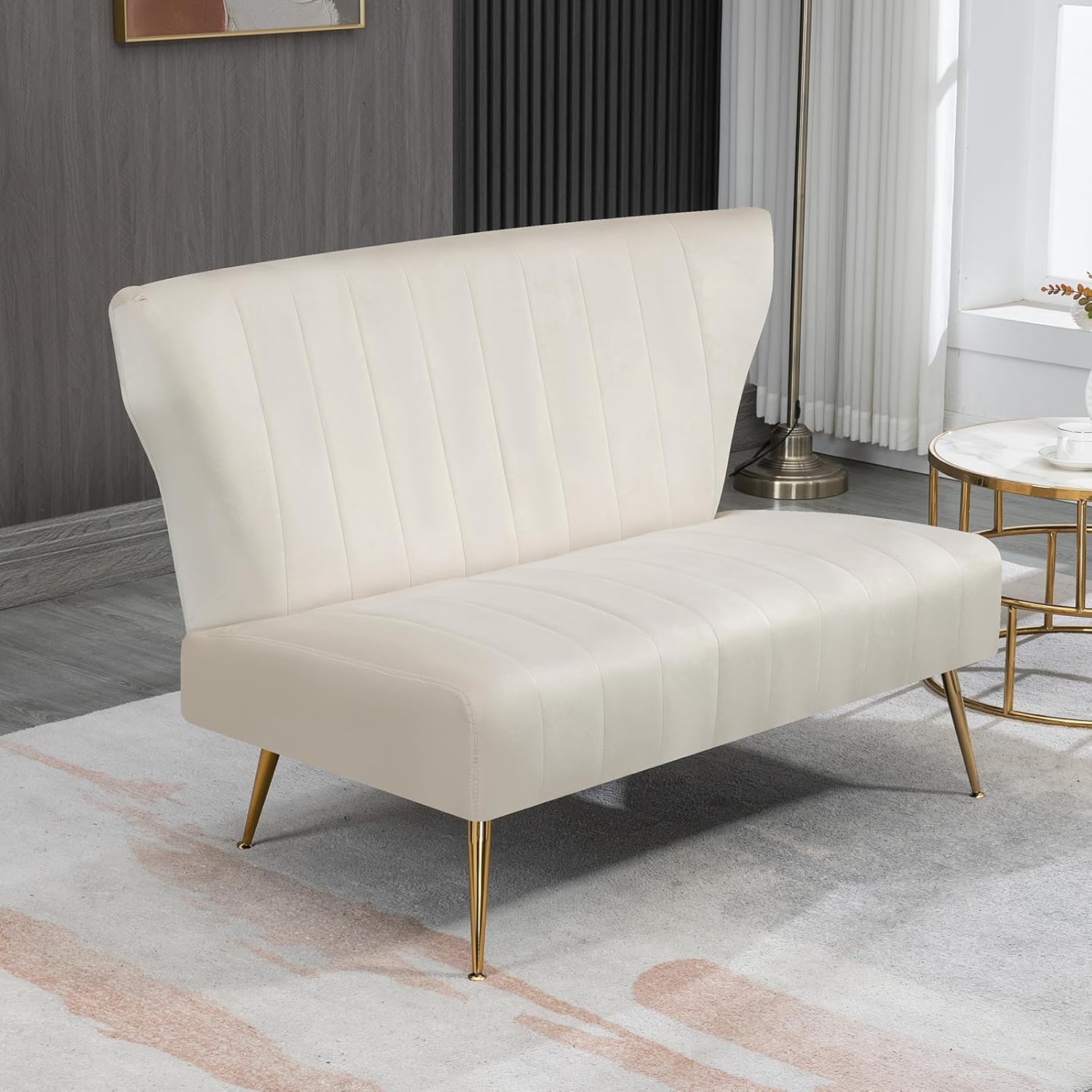 WQSLHX Sofá biplaza moderno de terciopelo de 50 pulgadas, sin brazos, sofá pequeño tapizado con respaldo de alas con patas de metal dorado, sofá