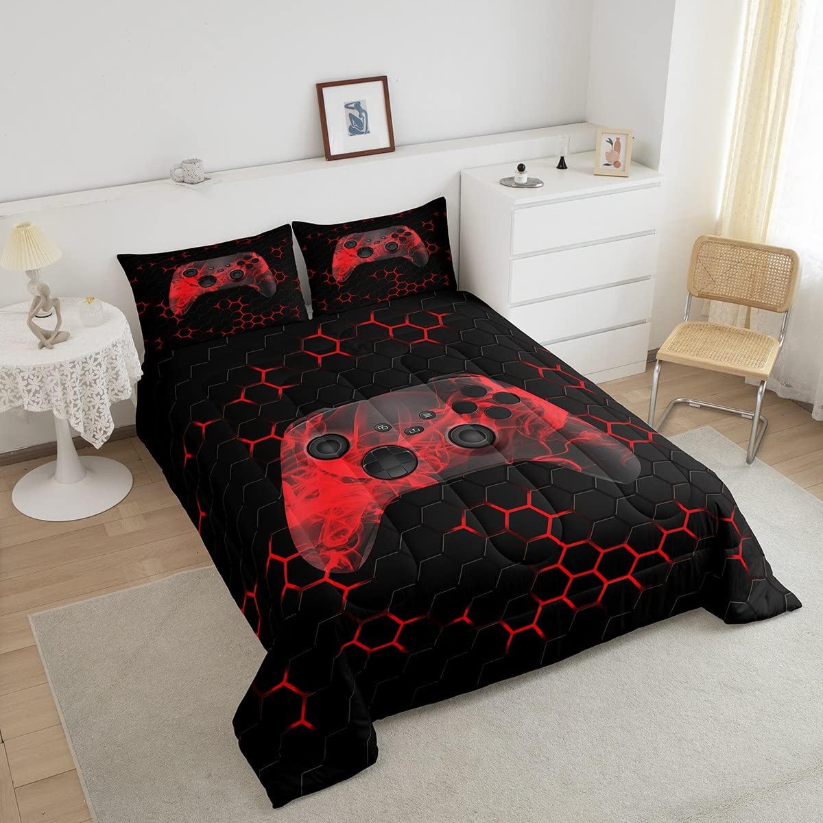 Erosebridal Juego de ropa de cama para niños y adolescentes, juego de edredón geométrico de panal hexagonal para niños, edredón de plumón con 1