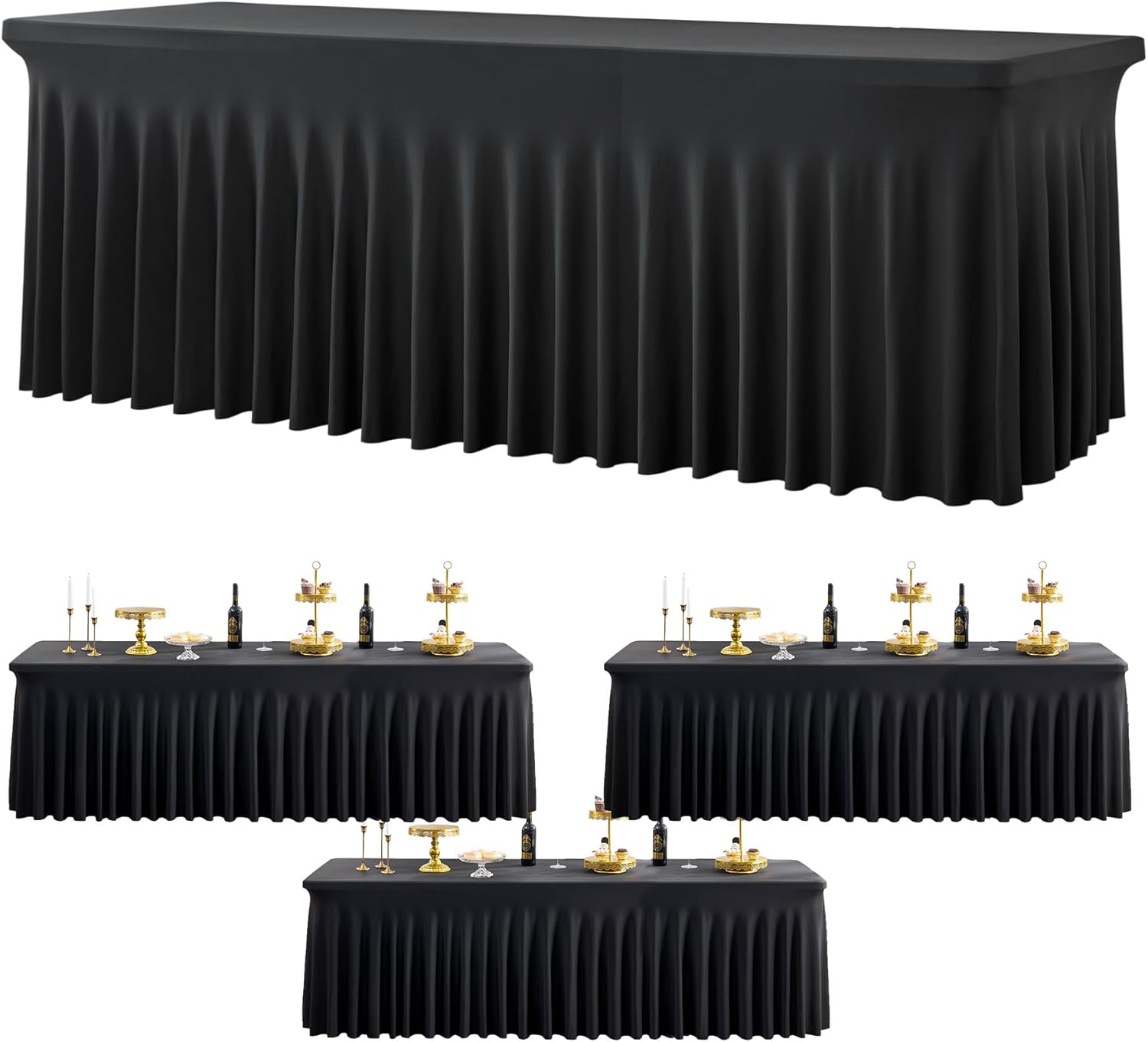 Htper Paquete de 3 manteles de elastano negro para mesas rectangulares de 8 pies, manteles ajustables sin arrugas, manteles elásticos de 8 pies para