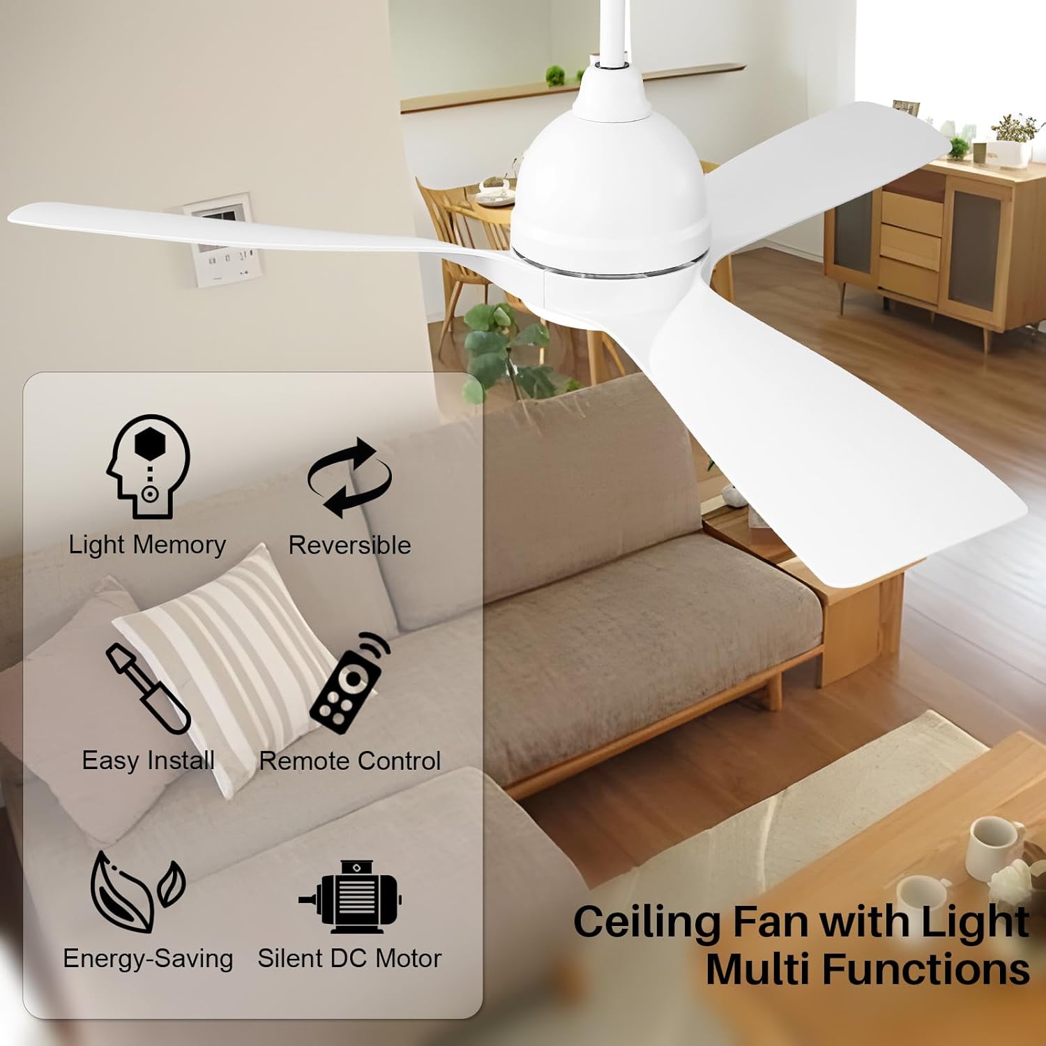 Sofucor Ventilador de techo inteligente moderno de 54 pulgadas con control remoto de luces, motor silencioso de CC de 3 aspas blancas ABS, LED