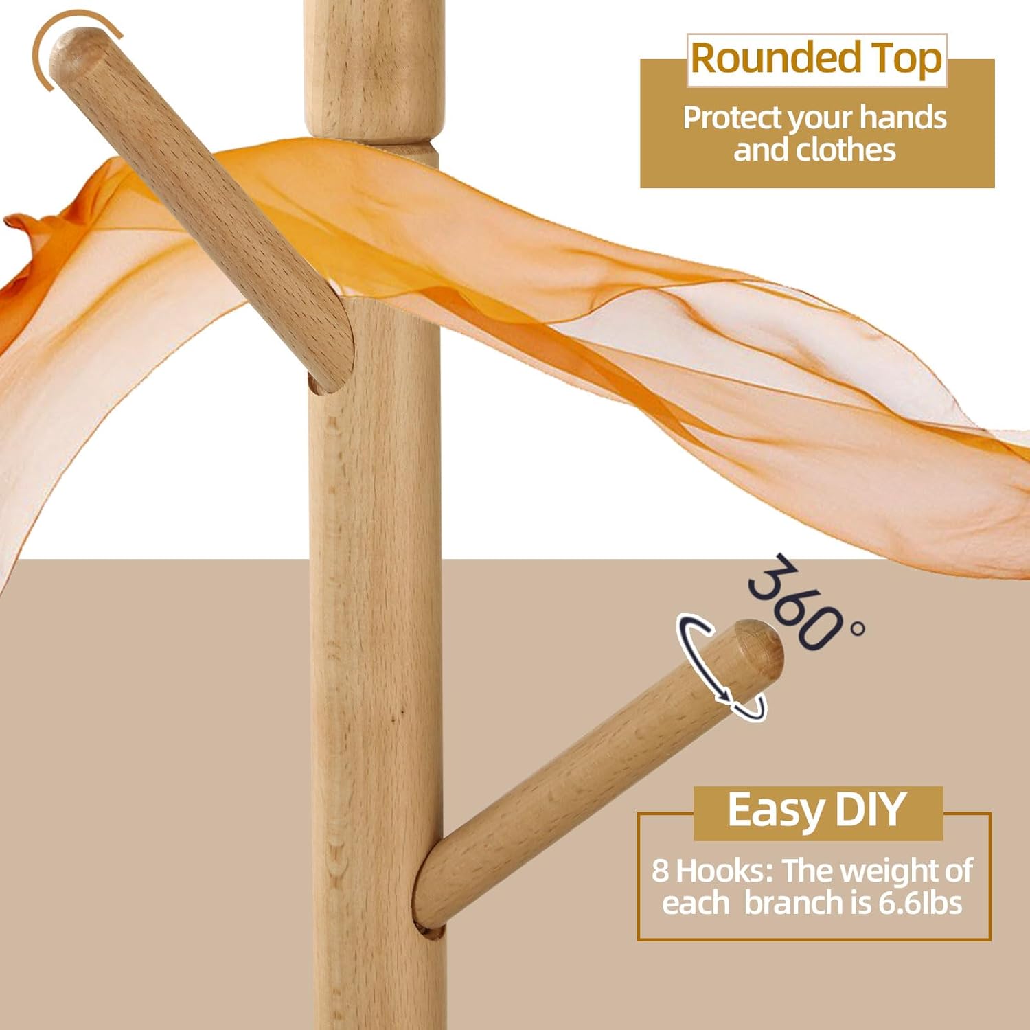 Yawinhe Perchero de pie, perchero de madera con 3 opciones de altura y 8 ganchos, base cuadrada resistente, perchero para pasillos, salas de estar,