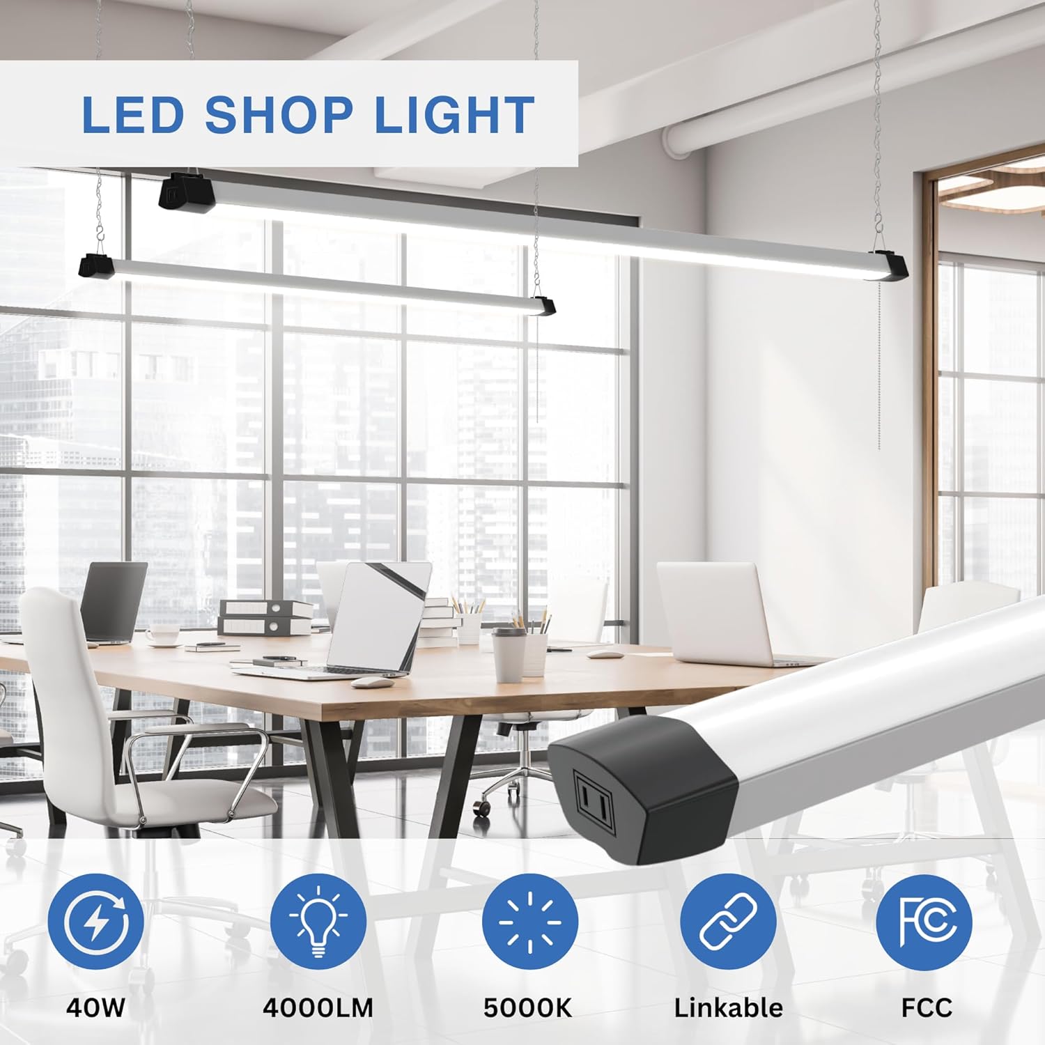 DYMOND Lámpara LED envolvente de 4 pies y 40 W con cadena de tracción, luz diurna blanca 5000 K para garaje, taller, sótano