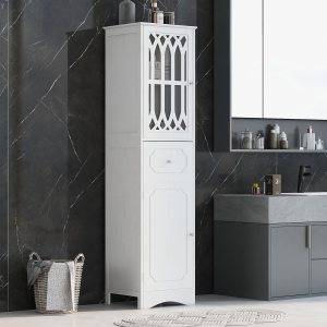 SHMAO Gabinetes de almacenamiento altos de lino para baño, gabinete de almacenamiento de baño, armario de baño independiente con estantes y cajones SHMAO Gabinetes de almacenamiento altos de lino para baño, gabinete de almacenamiento de baño, armario de baño independiente con estantes y cajones