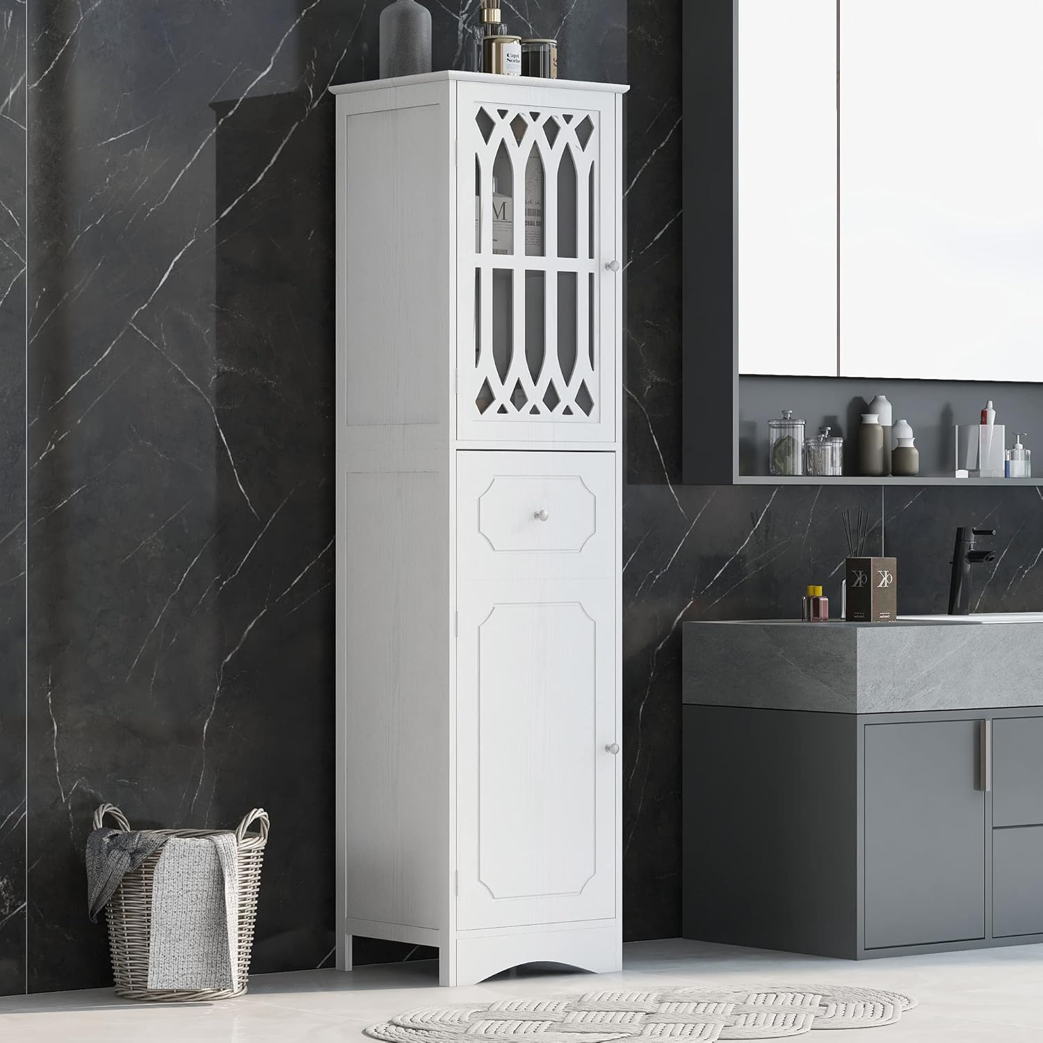 Bellemave Armario de baño, armario de almacenamiento con cajones y puertas, gabinete de piso de baño, armario de despensa de cocina con puertas para