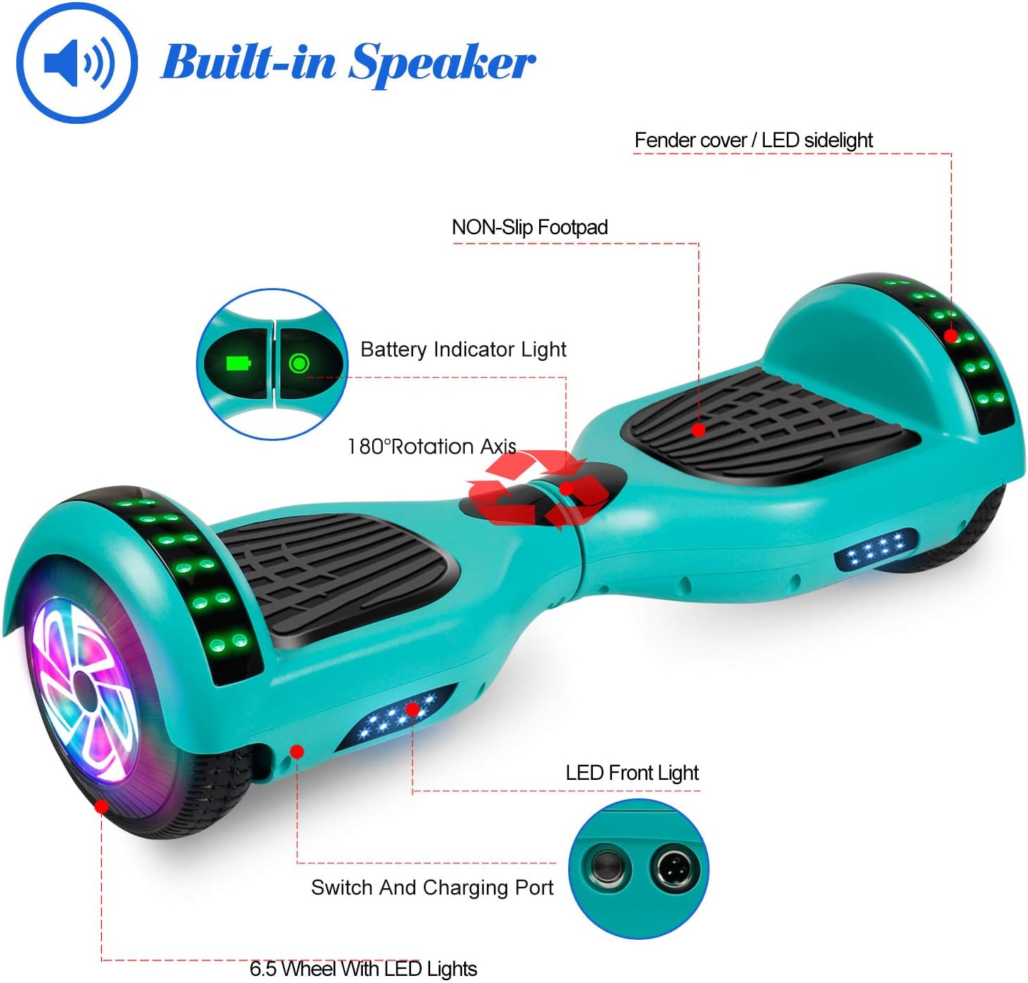 LIEAGLE Hoverboard, 6.5 “auto equilibrio Scooter Hover Board con ruedas Bluetooth luces LED para niños adultos