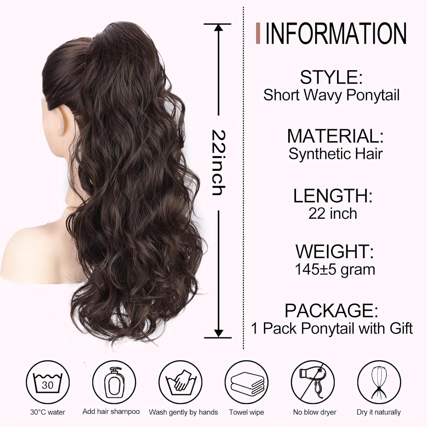 AISI BEAUTY Extensión de cola de caballo ondulada larga de 22 pulgadas, color marrón oscuro, con cordón, para mujer, cola de caballo sintética de