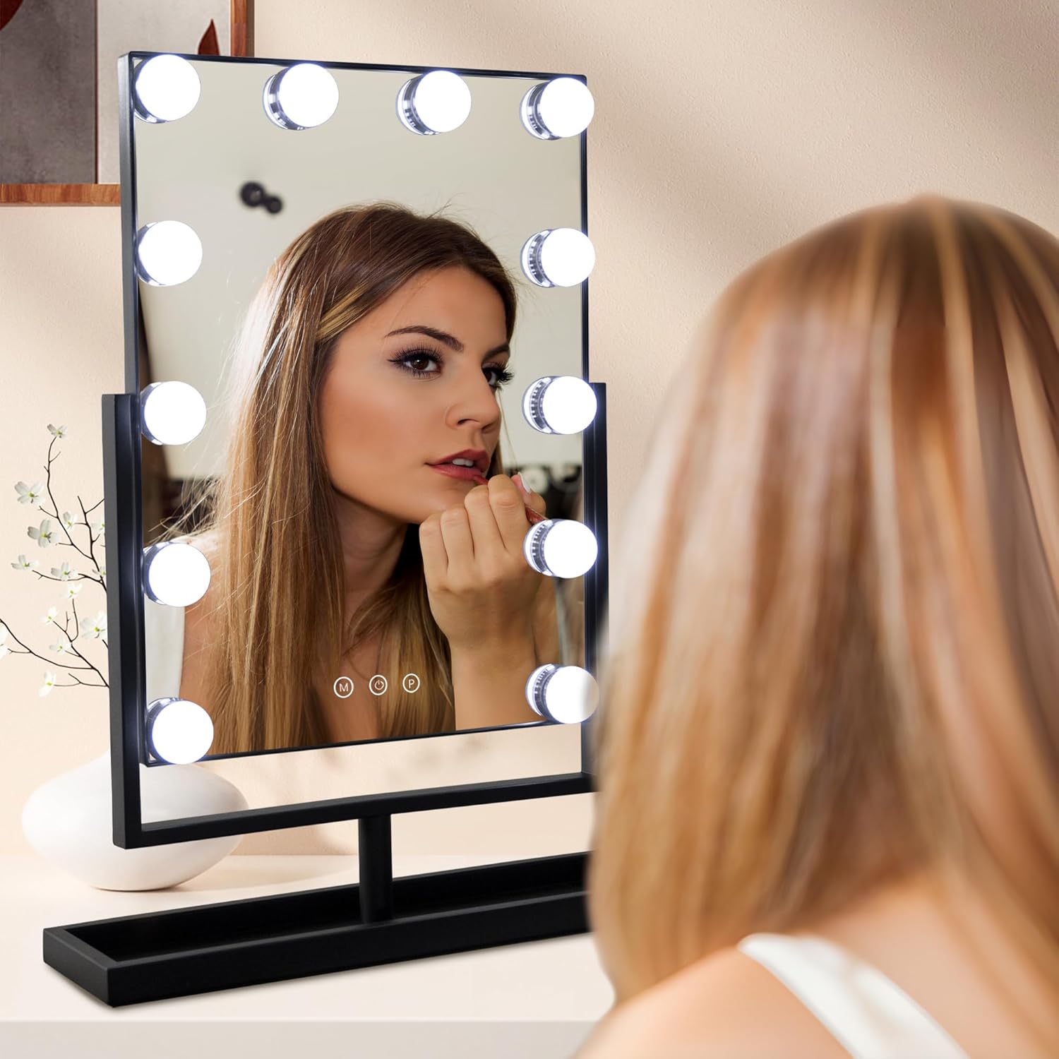 SLIMOON Espejo de tocador con luces, 12 bombillas LED regulables, espejo Hollywood desmontable, 10 aumentos, control táctil, espejo de maquillaje