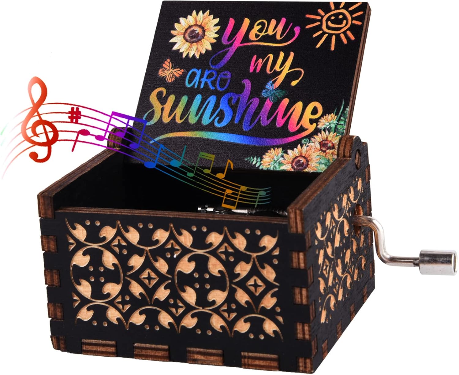 You are My Sunshine Wood Music Boxes,Laser Engraved Vintage Wooden Sunshine Musical Box Gifts for BirthdayChristmasValentine’s Day (Black)