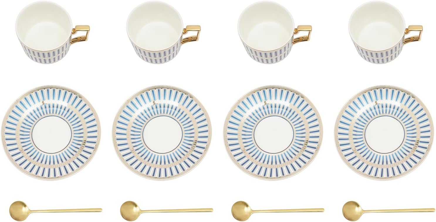 PaNeTnya Juego de 4 tazas y platillos de estilo europeo, taza de té y platillo de porcelana bellamente esmaltados con cuchara dorada adecuados para