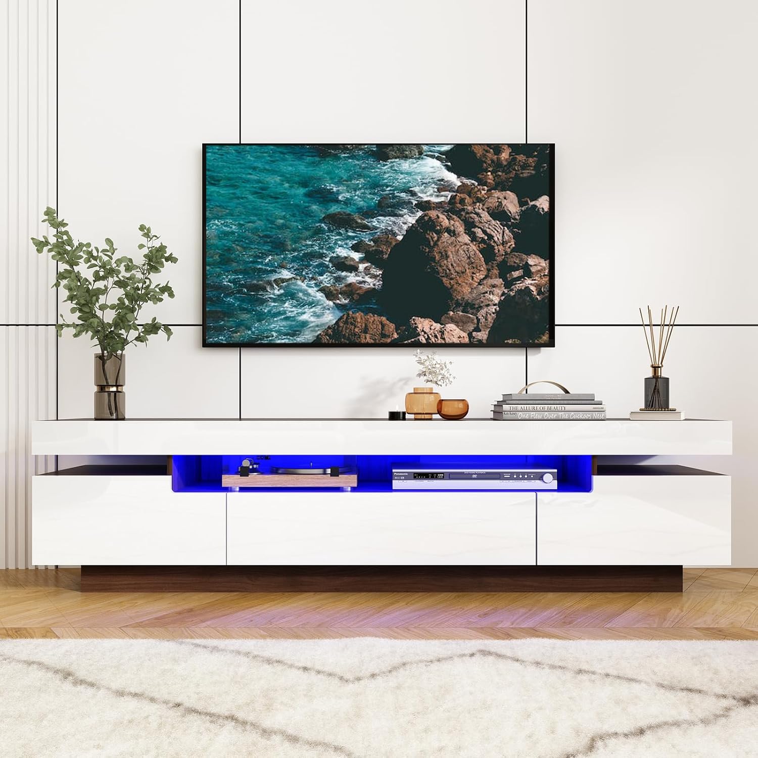 Uspeedy Soporte de TV blanco de 70 pulgadas para TV de 7580 pulgadas, moderno soporte de TV LED para sala de estar, centro de entretenimiento de
