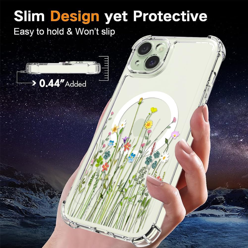 OOK Funda magnética para iPhone 15, diseño floral, transparente, compatible con MagSafe, funda protectora rígida de policarbonato para iPhone 15,