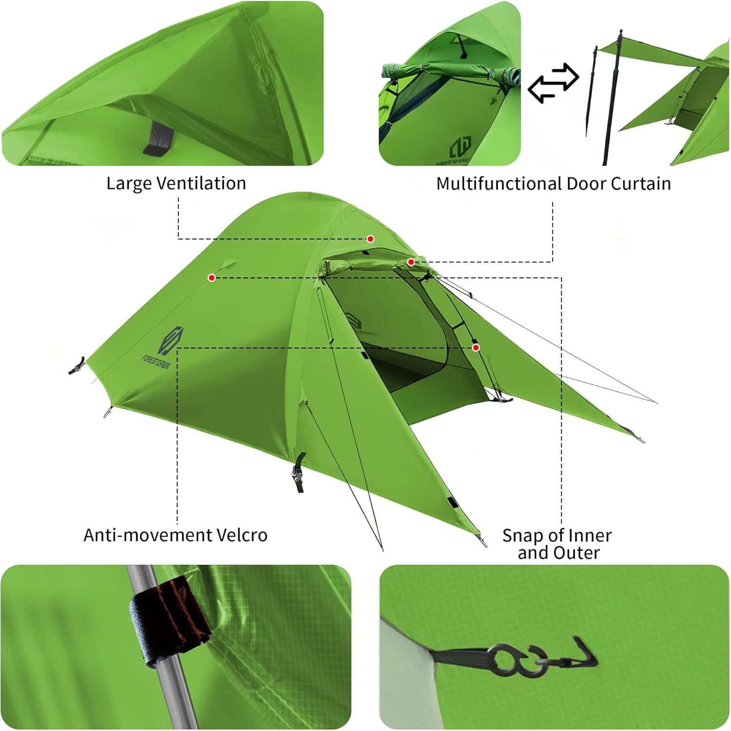 2 Person Camping Tent with 3 Aluminum Alloy Poles, 4 or 3 Season Waterproof Tent, Double Layer,Easy Setup, 2 Doors for Outdoor