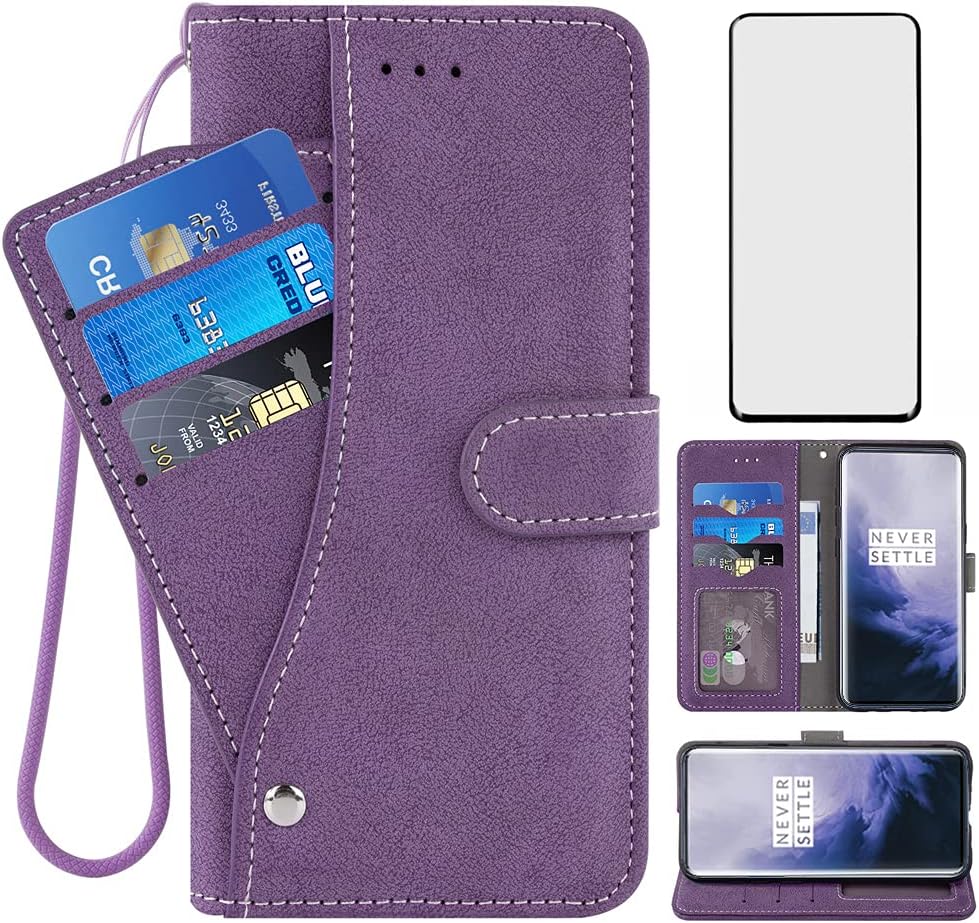 Asuwish Funda tipo cartera compatible con OnePlus 7 Pro y protector de pantalla de vidrio templado, funda con tapa para teléfono celular para