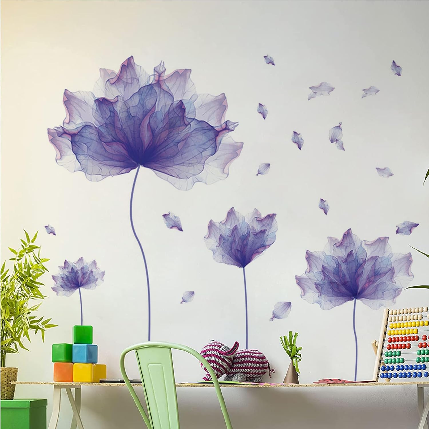 Calcomanías de pared de flores moradas, murales para dormitorio, oficina, baño, sala de estar, calcomanías de pared florales extraíbles, decoración