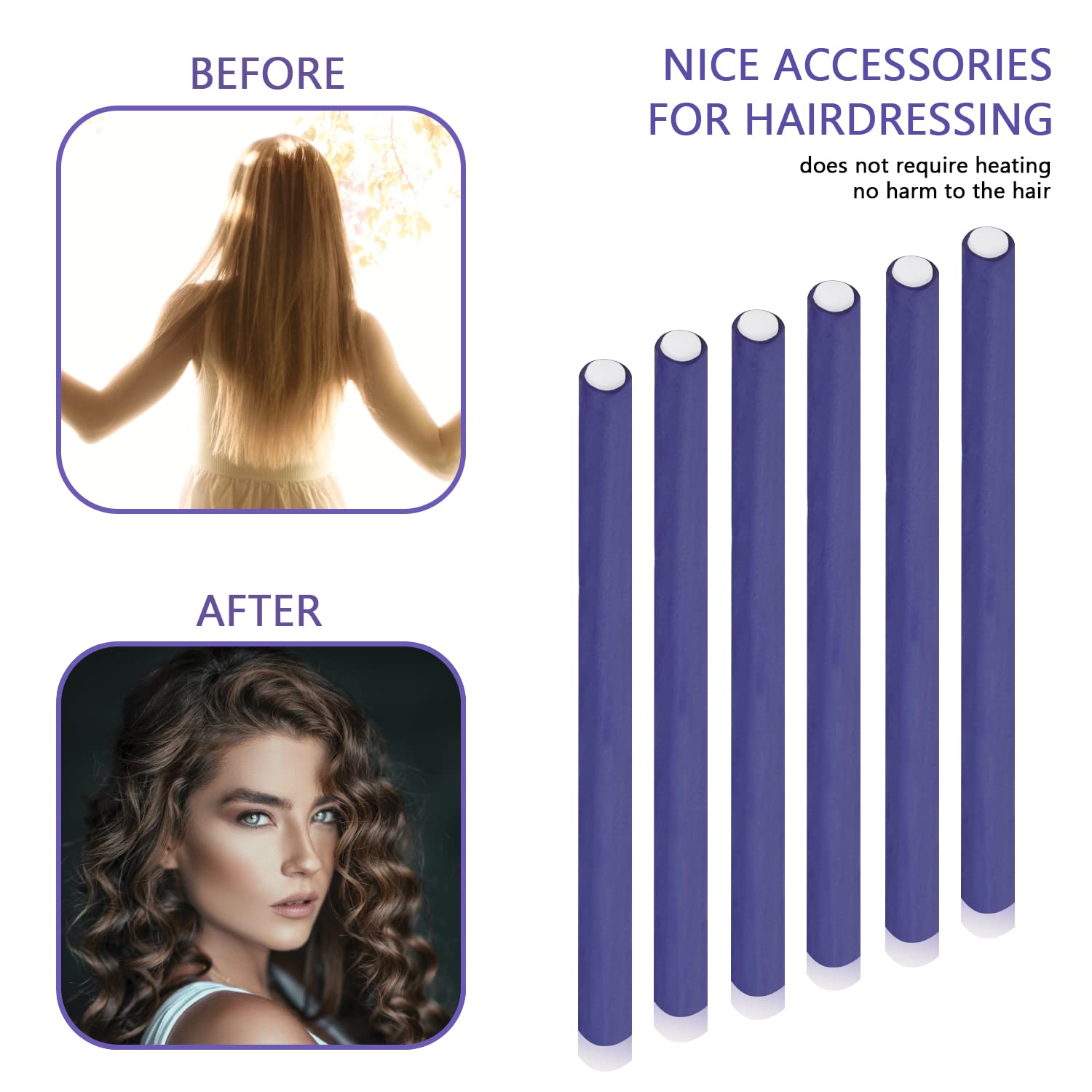 60 varillas flexibles para rizar, de espuma giratoria, sin calor, rodillos de pelo y peine de cola de rata de acero para cabello largo y corto, para