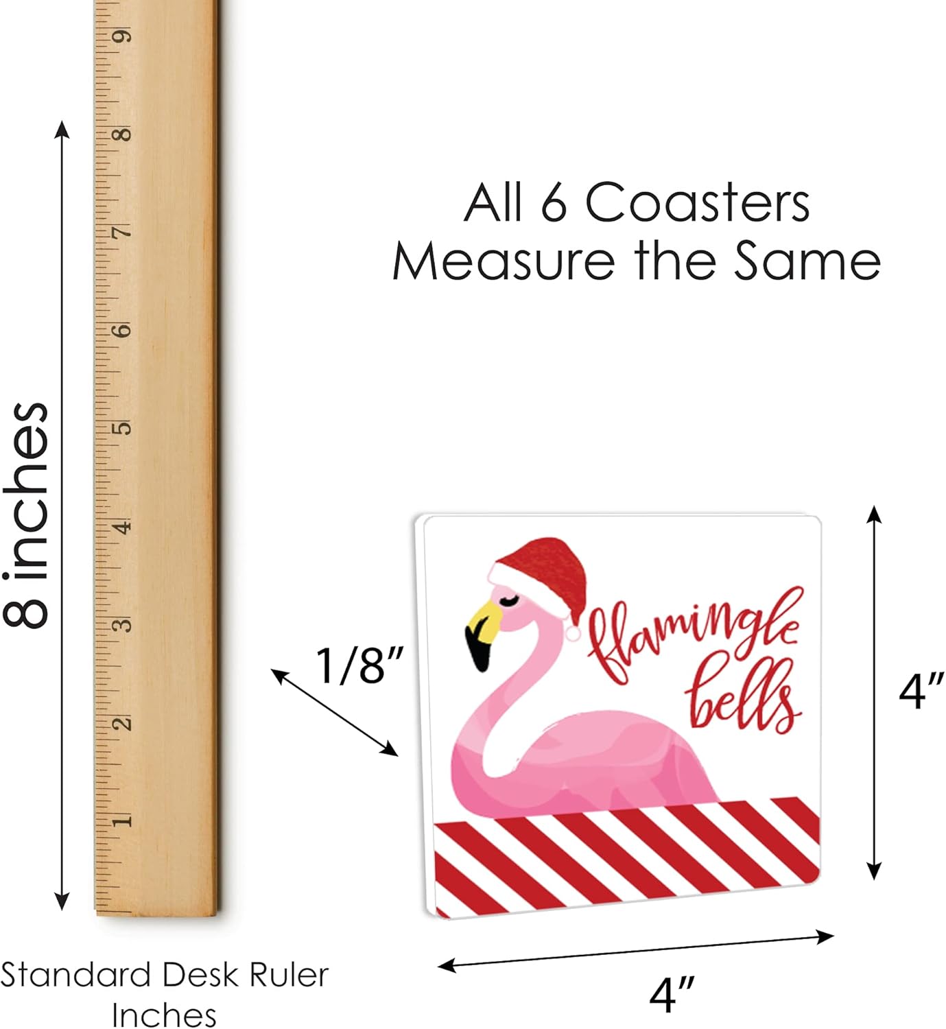 Big Dot of Happiness Flamingle Bells – Divertidas decoraciones tropicales para fiestas de Navidad, posavasos para bebidas, juego de 6