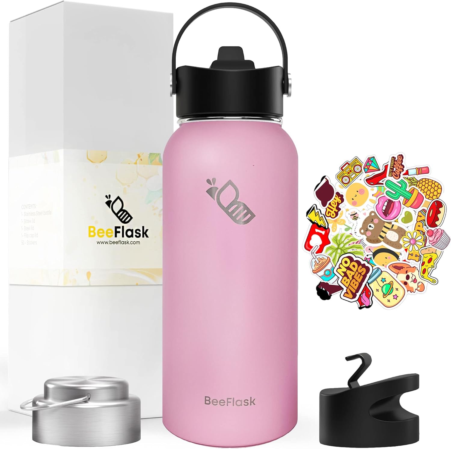 Botella de agua deportiva – 32 onzas, 3 tapas (con pajita), 50 bonitas calcomanías, aislamiento al vacío, acero inoxidable 308, con una porción de