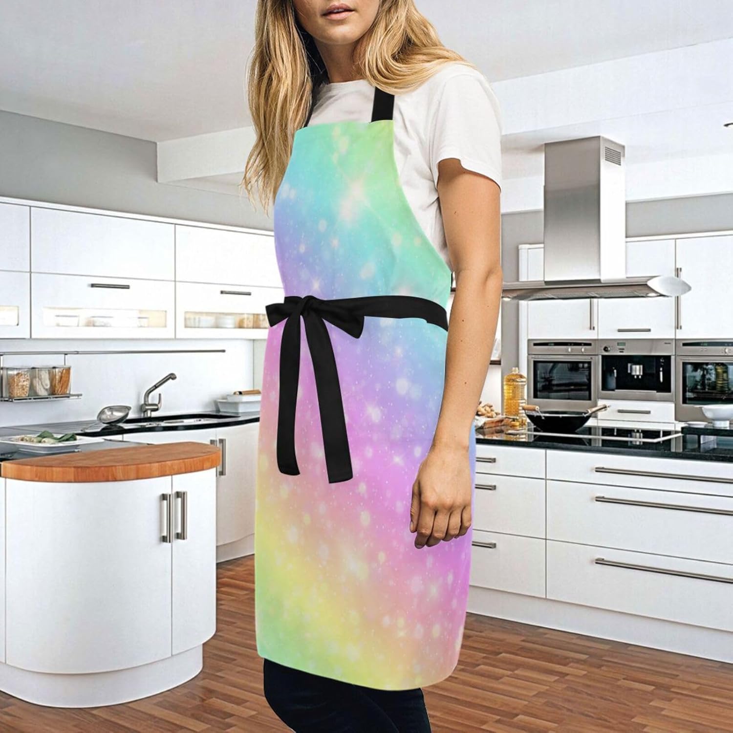 RPLIFE Delantal de cocina para mujer, diseño de arco iris con purpurina y bolsillos, delantal de chef impermeable, delantal de peluquería